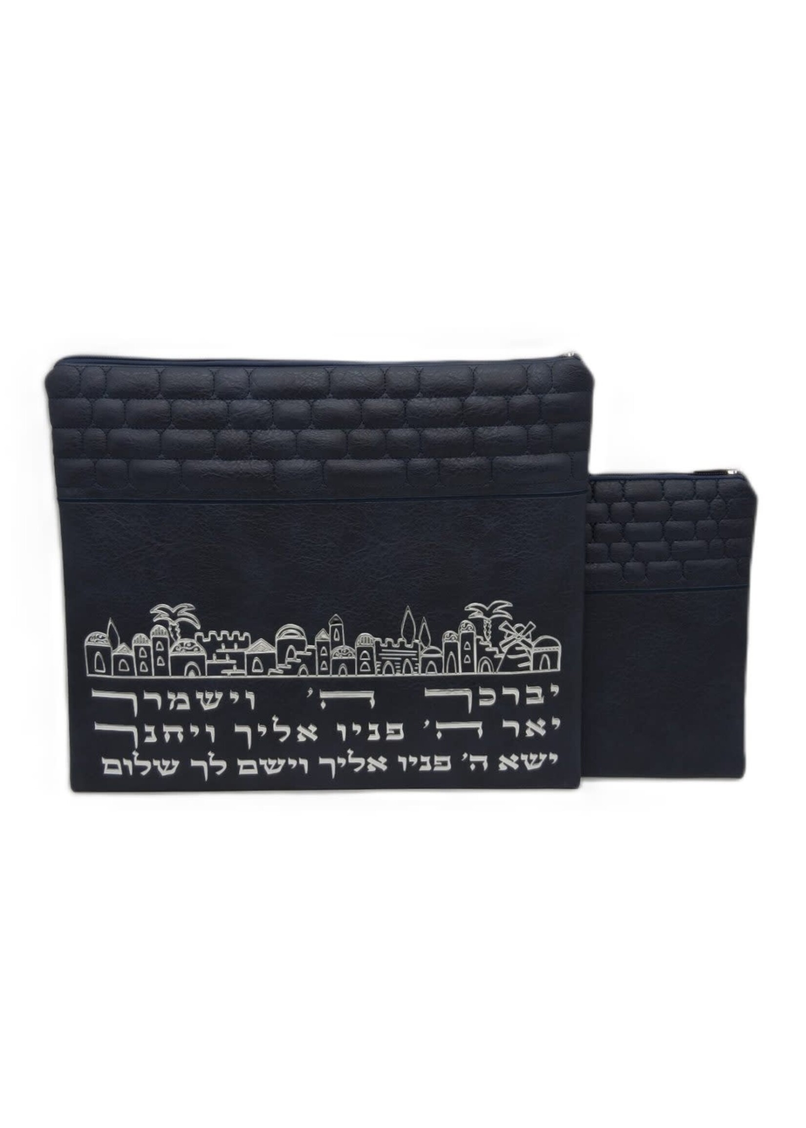 TALIT & TEFILLIN BAG SET BLACK FAUX LEATHER SILVER EMBOSSED KOHEN BLESSING JERUSALEM