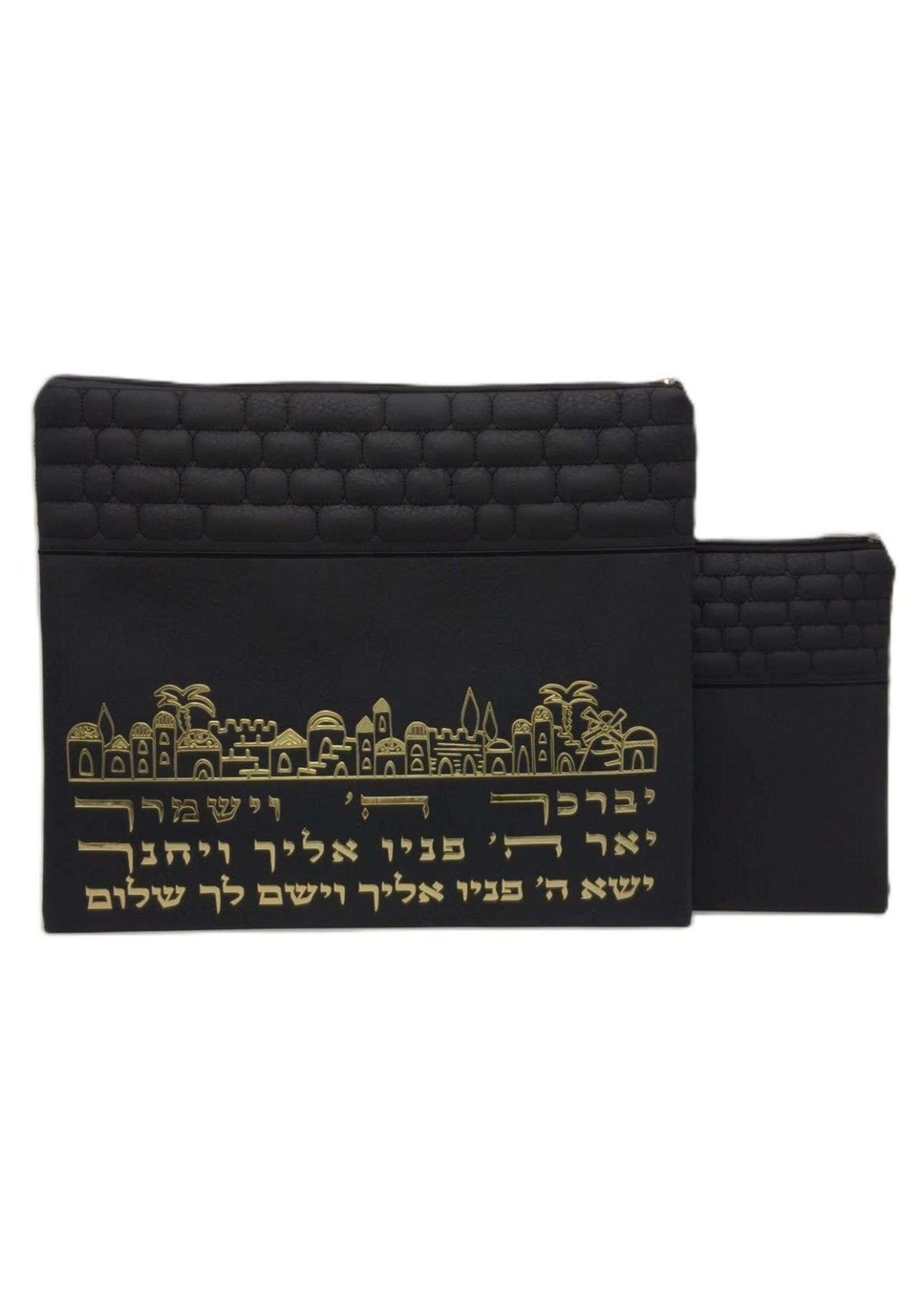 TALIT & TEFILLIN BAG SET BLACK FAUX LEATHER GOLD EMBOSSED KOHEN BLESSING JERUSALEM