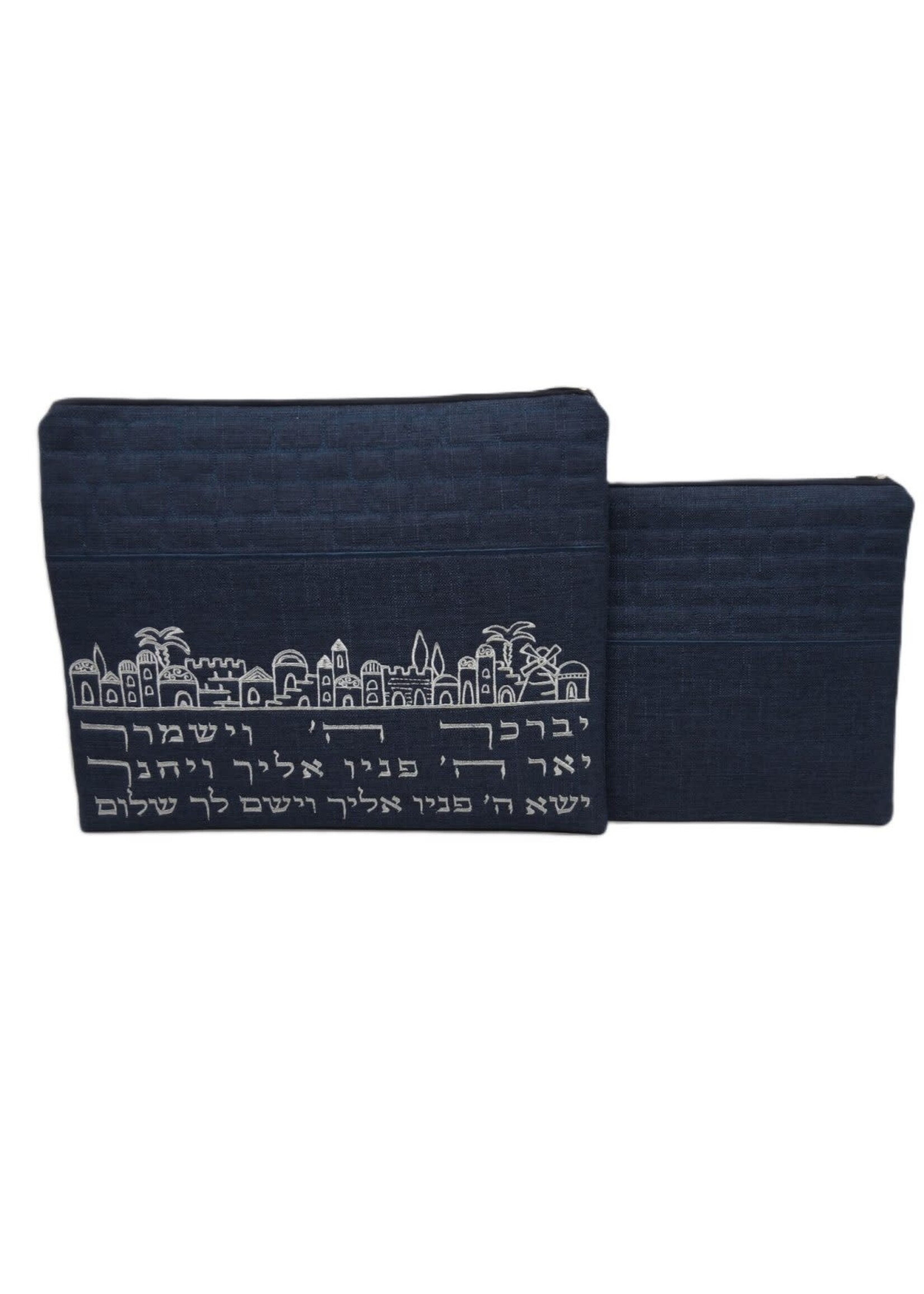 TALIT AND TEFILIN SET NAVY LINEN SILVER JERUSAELM KOHEN BLESSING BRICKS