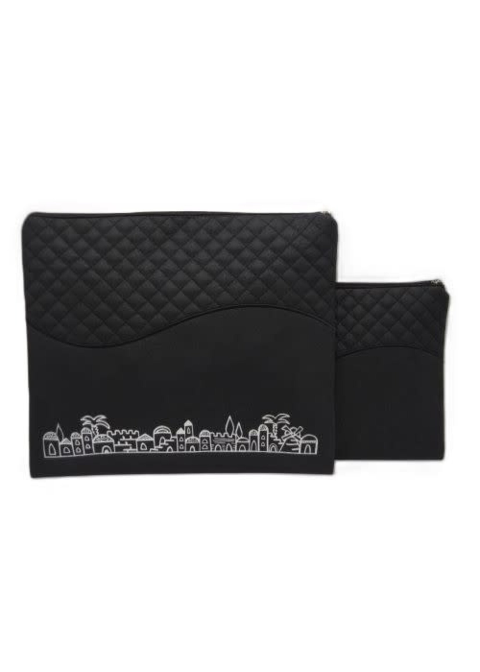 TALIT & TEFILLIN BAG SET BLACK FAUX LEATHER SILVER JERUSALEM