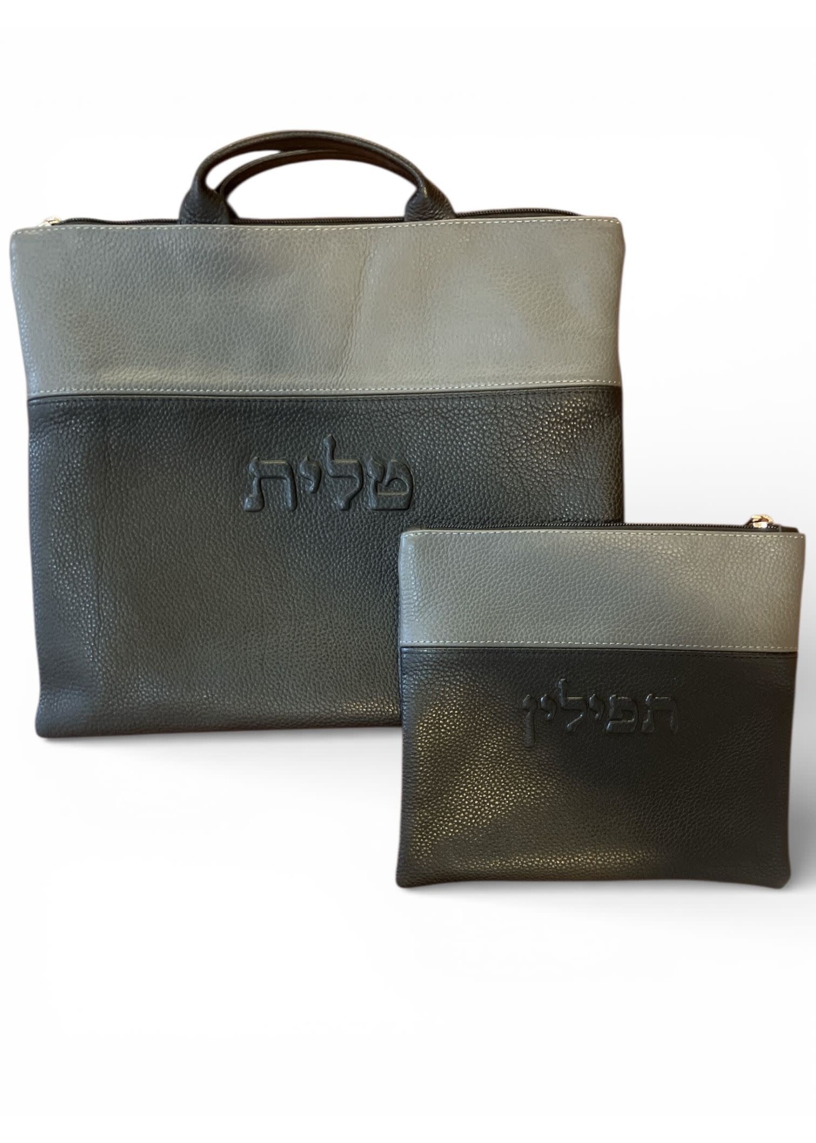 TALLIS & TEFLLIN LEATHER BAG SET - 2 TIERS - GREY GRAIN + BLACK GREY