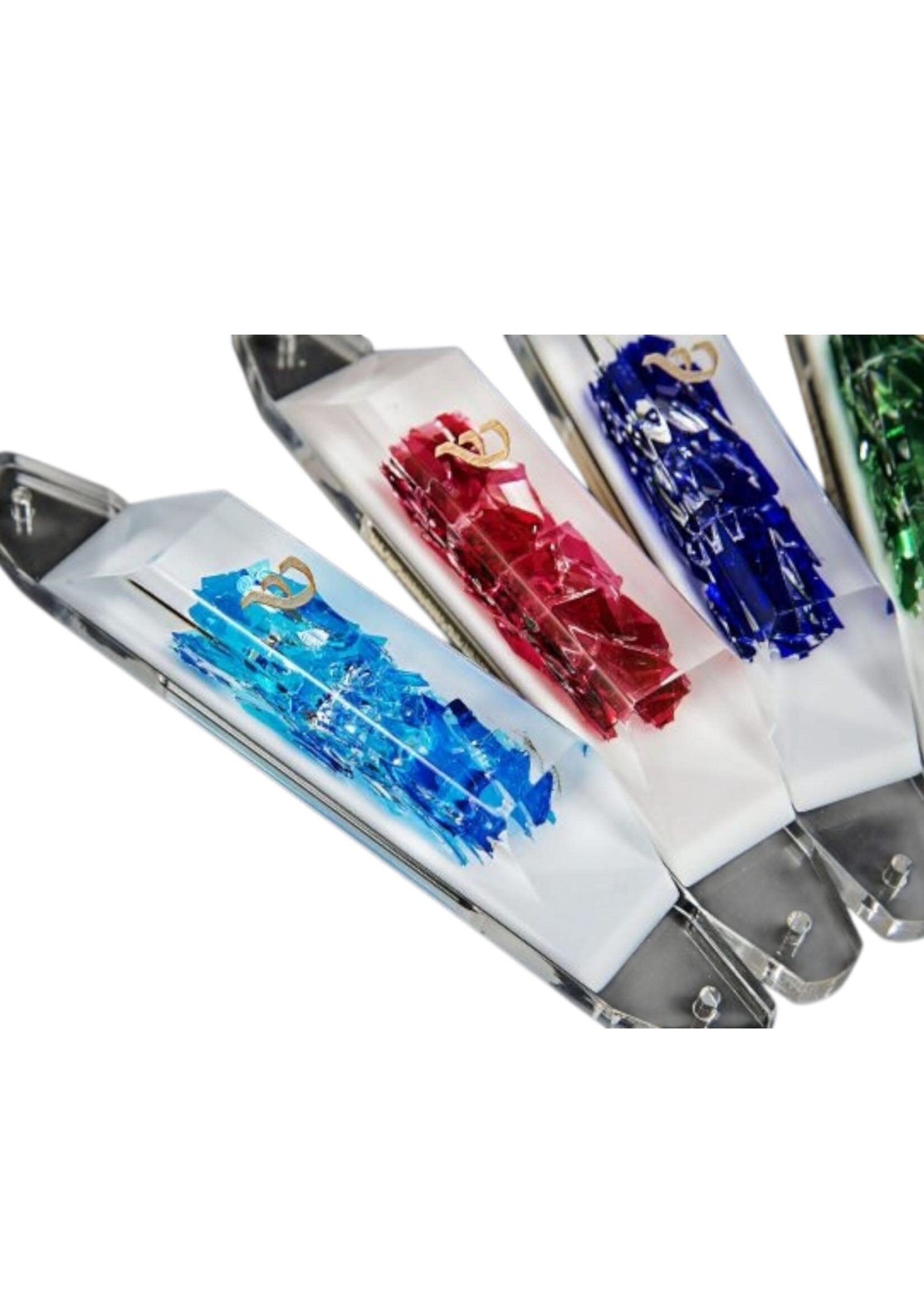 WEDDING GLASS IN LUCITE MEZUZAH WITH GOLD SHIN