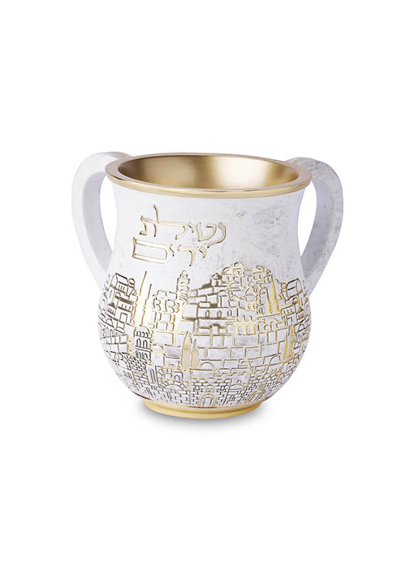 WASH CUP WHITE AND GOLD JERUSALEM "NETILAT YADAYIM" POLYRESIN