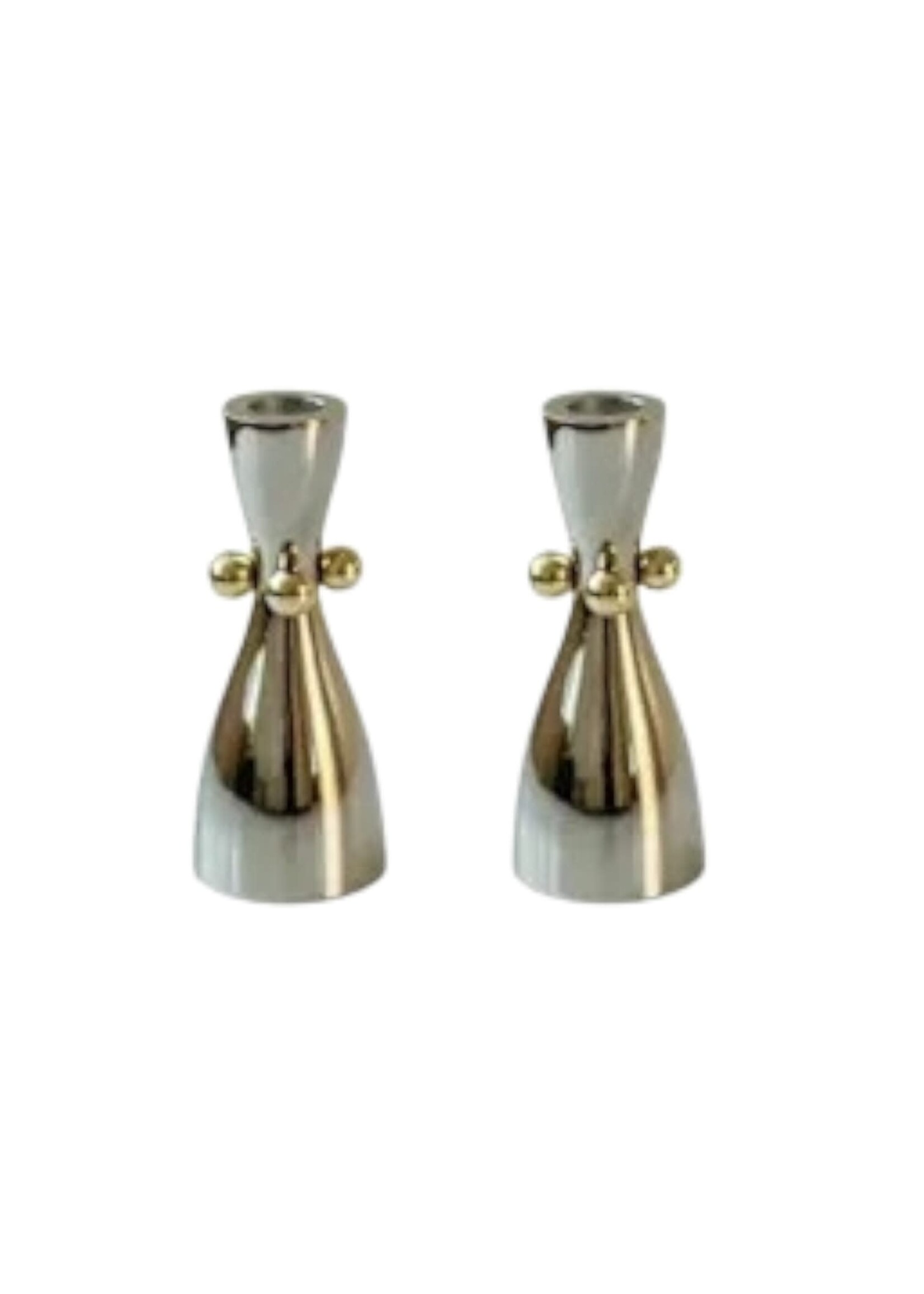 CANDLESTICKS STAINLESS STEEL & GOLDEN BALLS - 2.8"  x 2.4 " x 6.3"