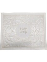 CHALLAH COVER WHITE BROCADE FAUX LEATHER CIRCLE EMBROIDERY