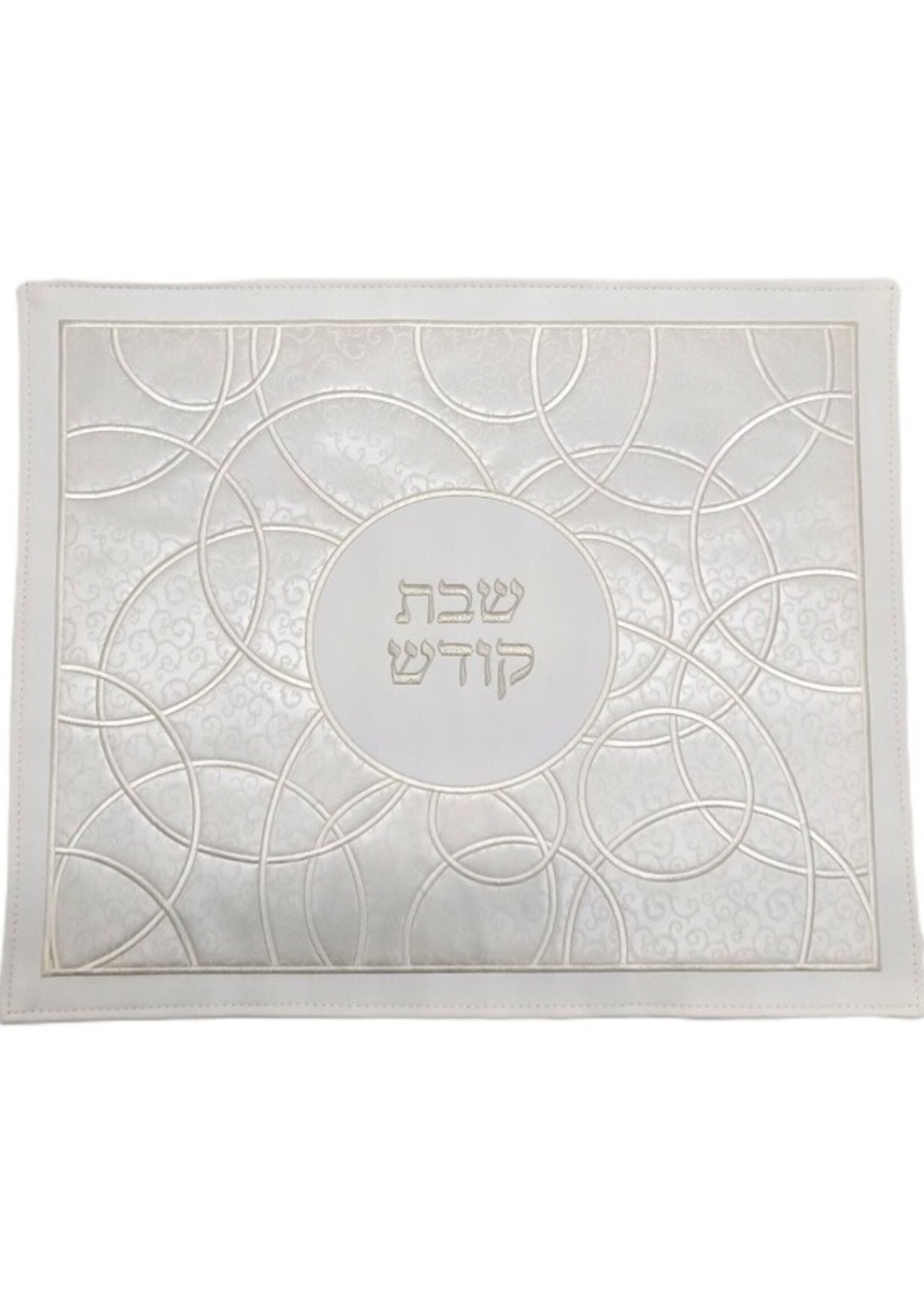 CHALLAH COVER WHITE BROCADE FAUX LEATHER CIRCLE EMBROIDERY