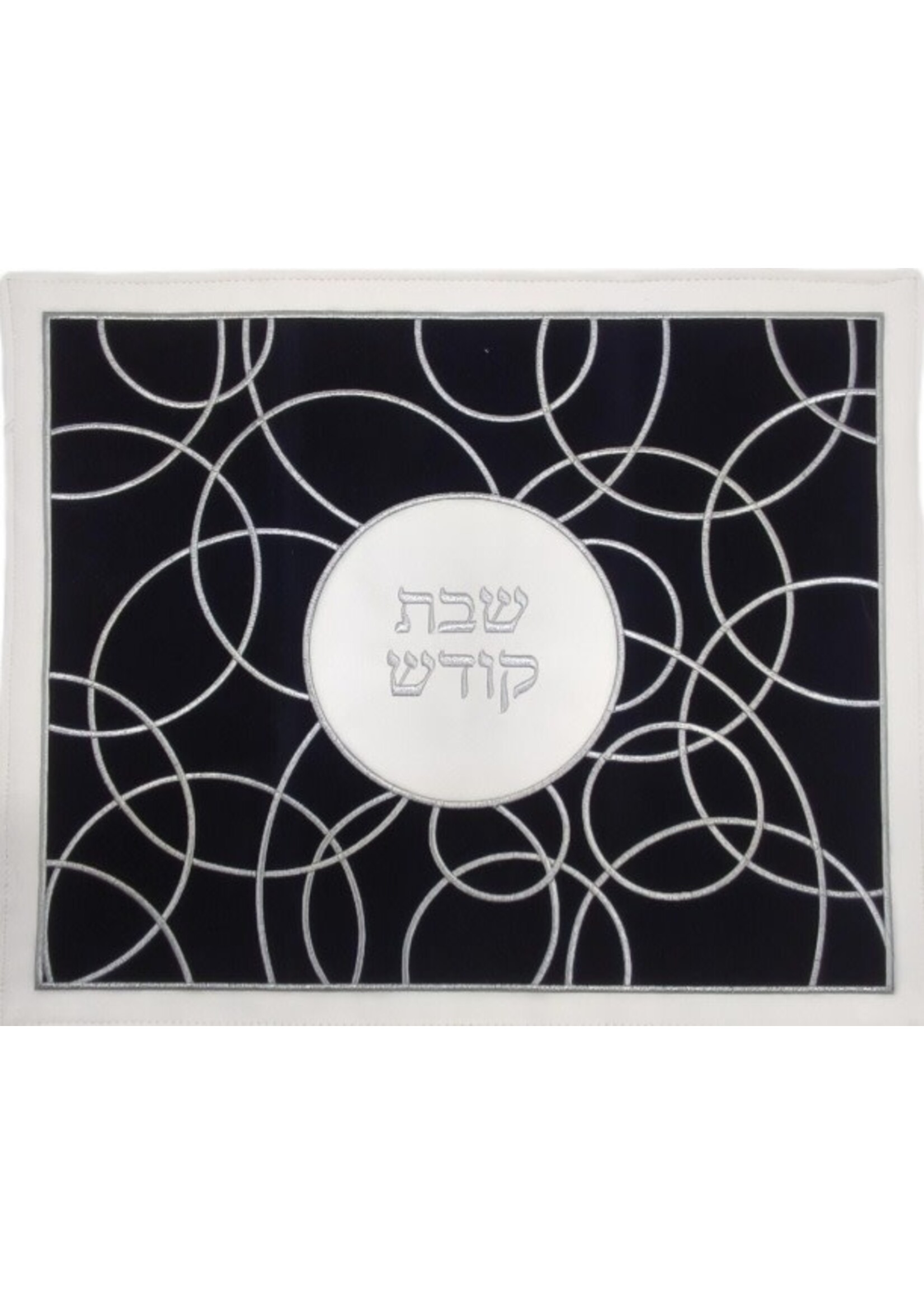 CHALLAH COVER BLACK FAUX LEATHER WHITE CIRCLE EMBROIDERY