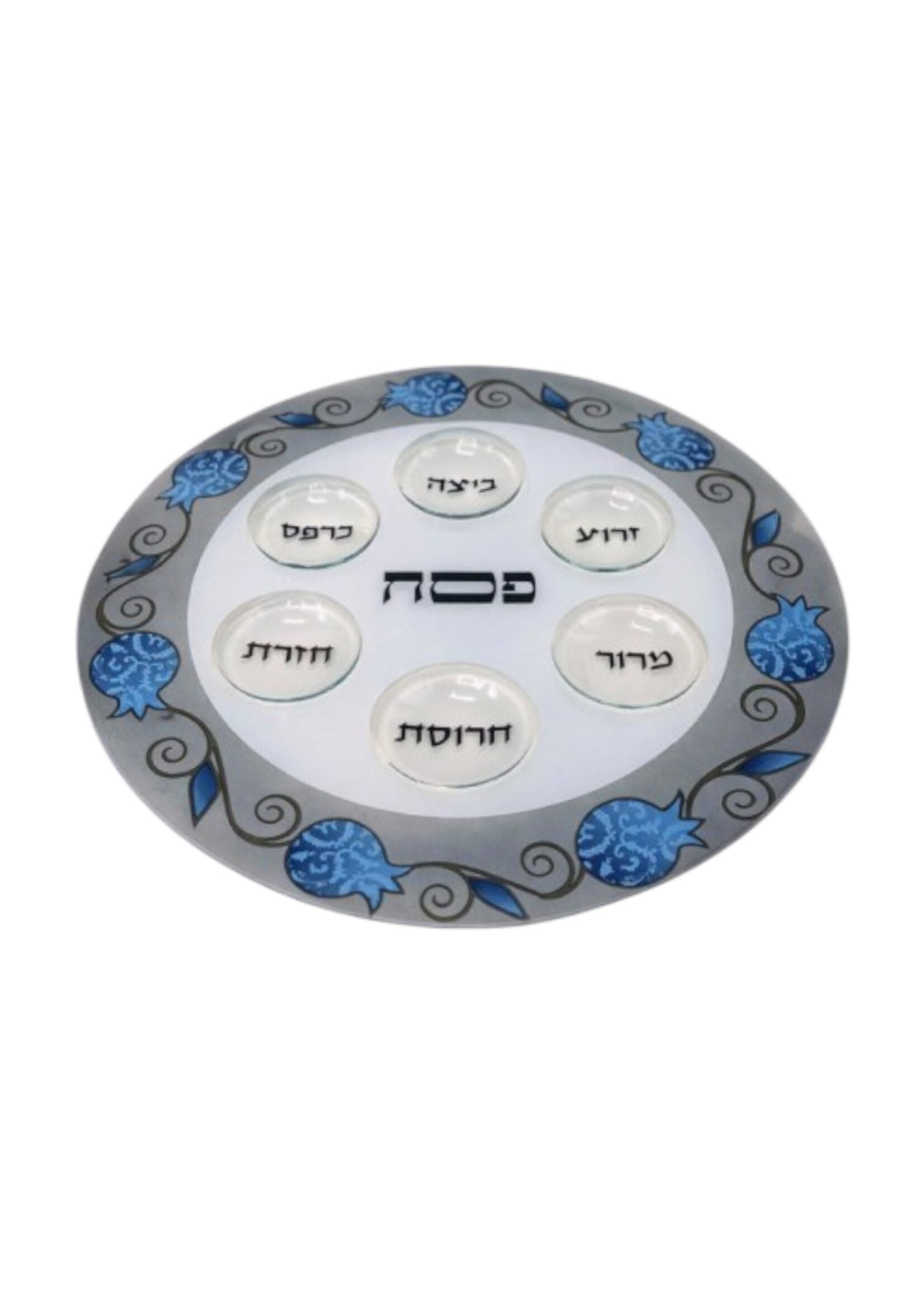 SEDER PLATE GLASS BLUE POMEGRANATE BORDER