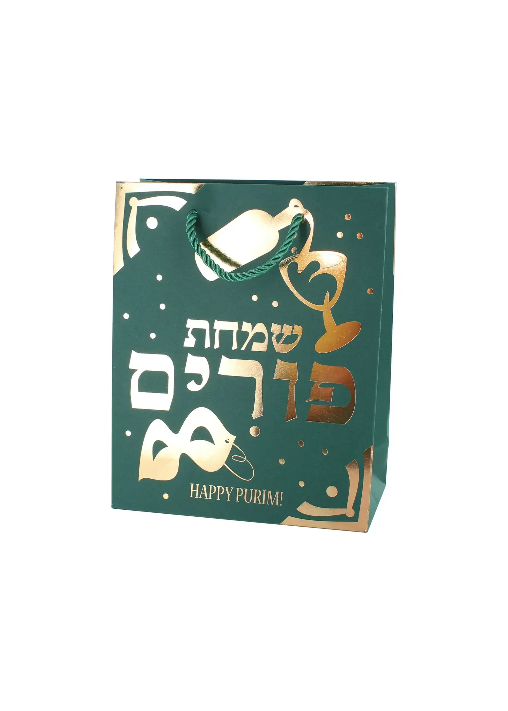 PURIM GIFT BAG GREEN & GOLD FOILED MOTIFS 8X9X3"