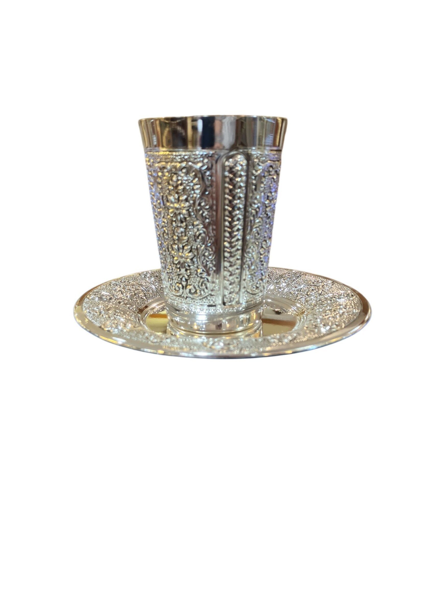 KIDDUSH CUP SET FLORAL REPOUSSÉ SILVER DIP