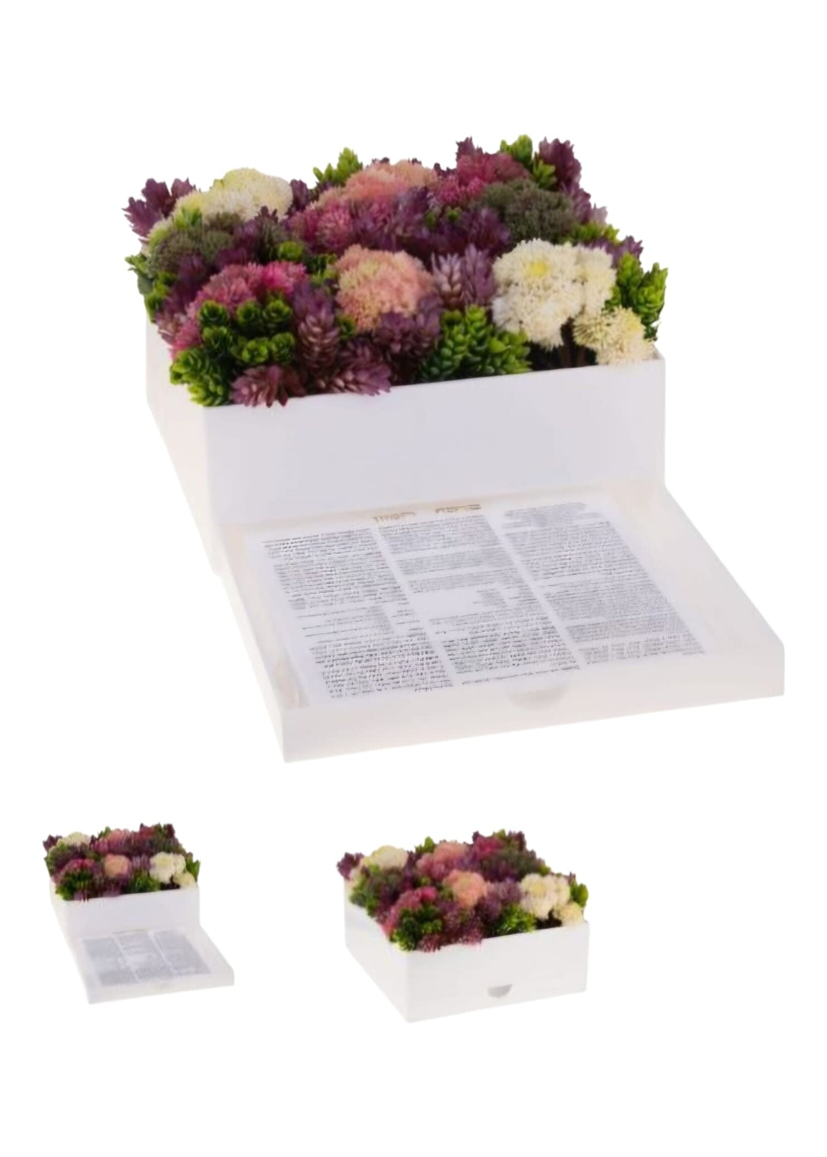 BENCHER SET  SEPHARDI WHITE ACRYLIC FLORAL ARRANGEMENT