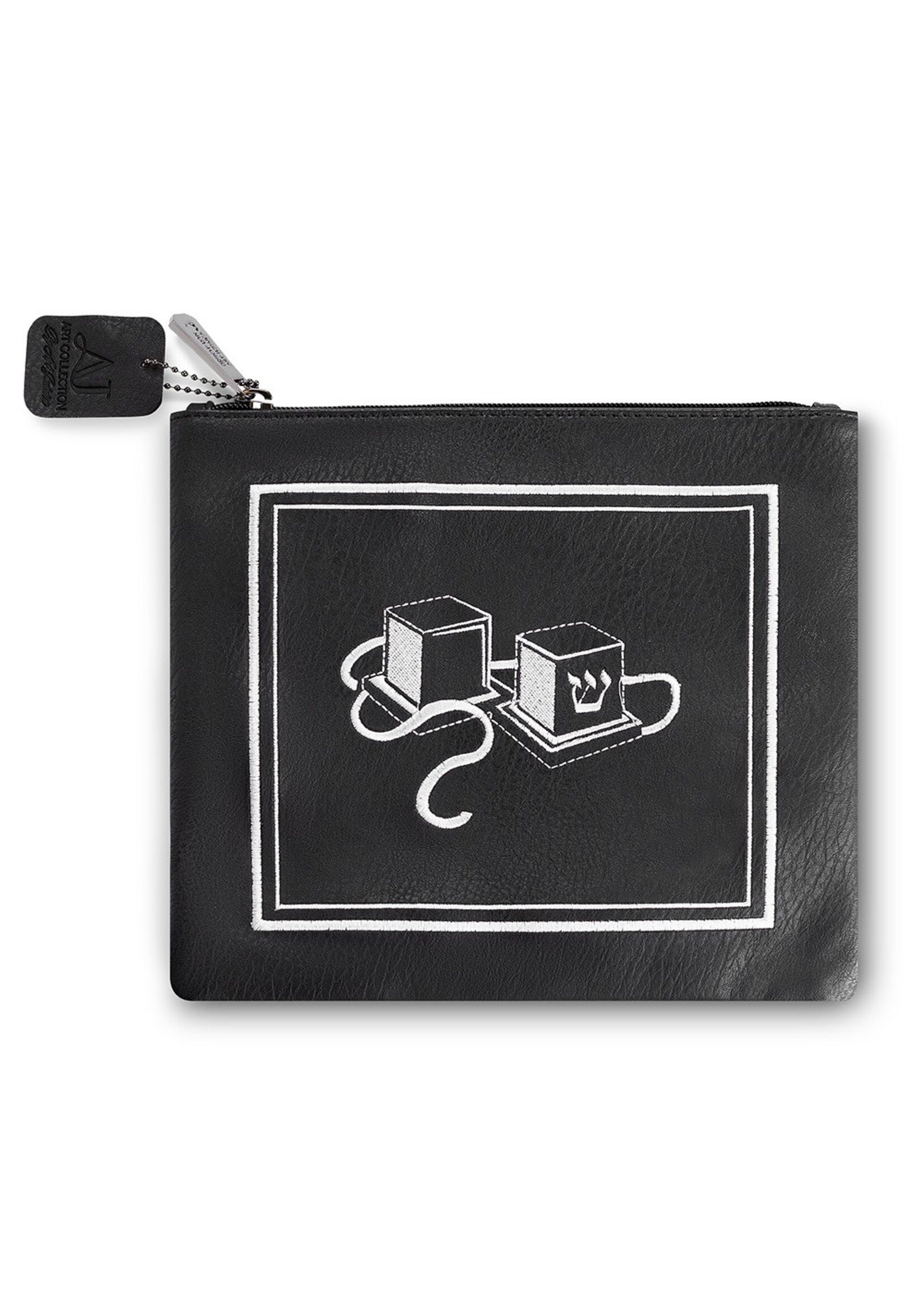 TEFILLING BAG BLACK FAUX LEATHER EMBROIDERED TEFILLIN