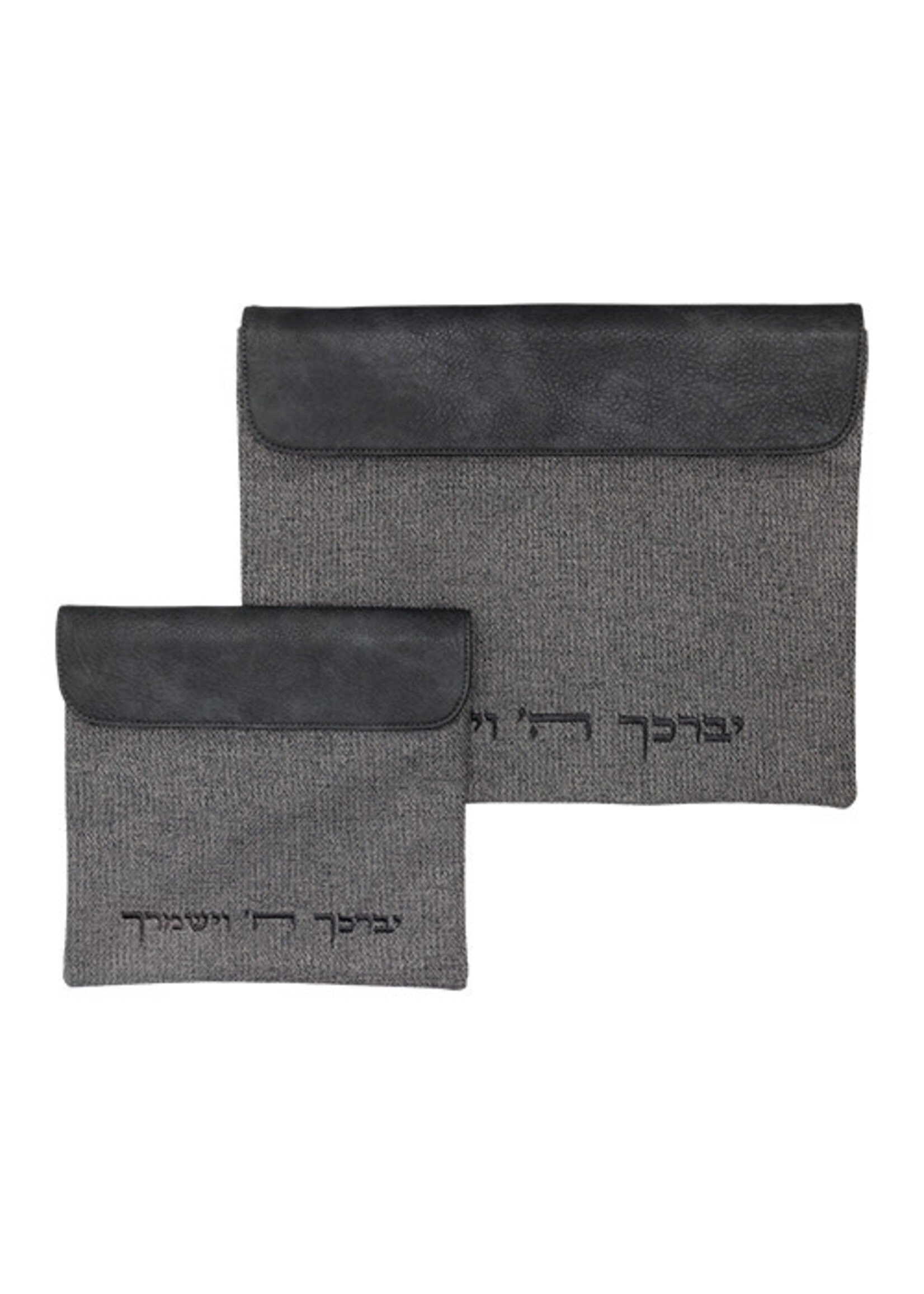 TALIT & TEFILLIN SET GREY LINEN WITH BLACK FAUX LEATHER COHEN BLESSING