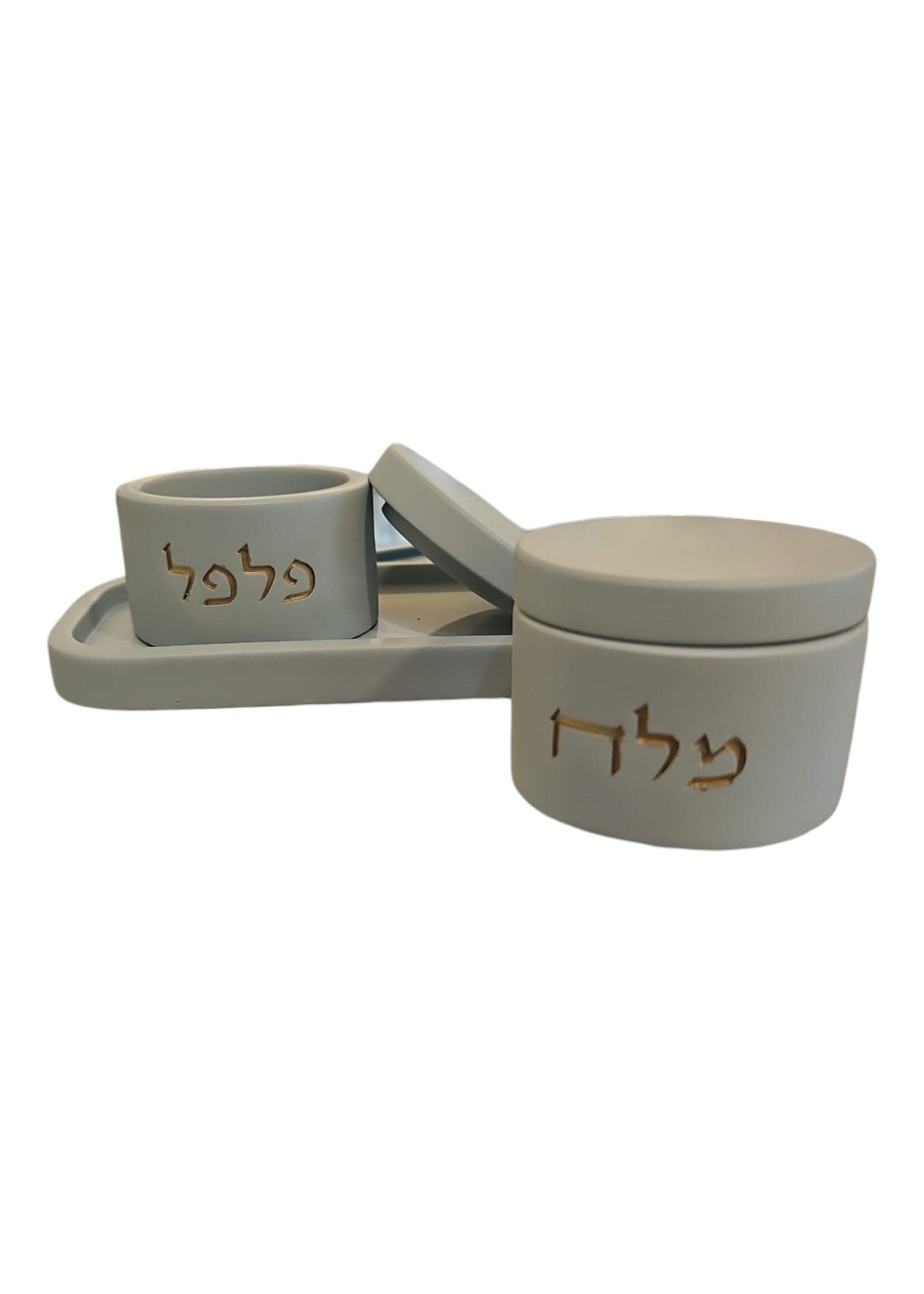 SALT & PEPPER DISH GOLD ON SAGE GREEN CEMENT