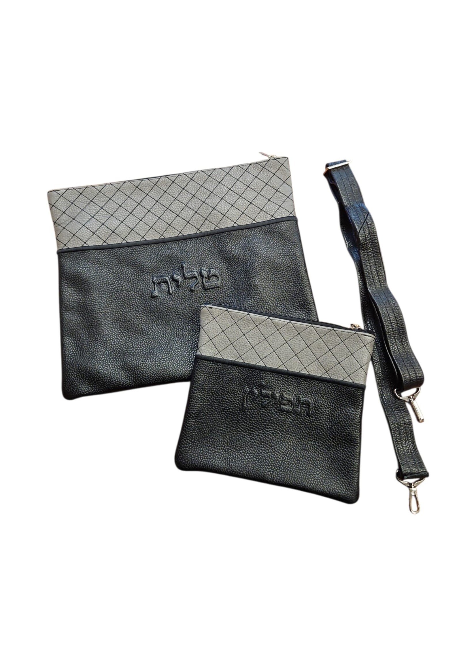 TALLIS & TEFILLIN PREMIUM LEATHER BAG SET BLACK & GREY DIAMOND STITCH WITH STRAP