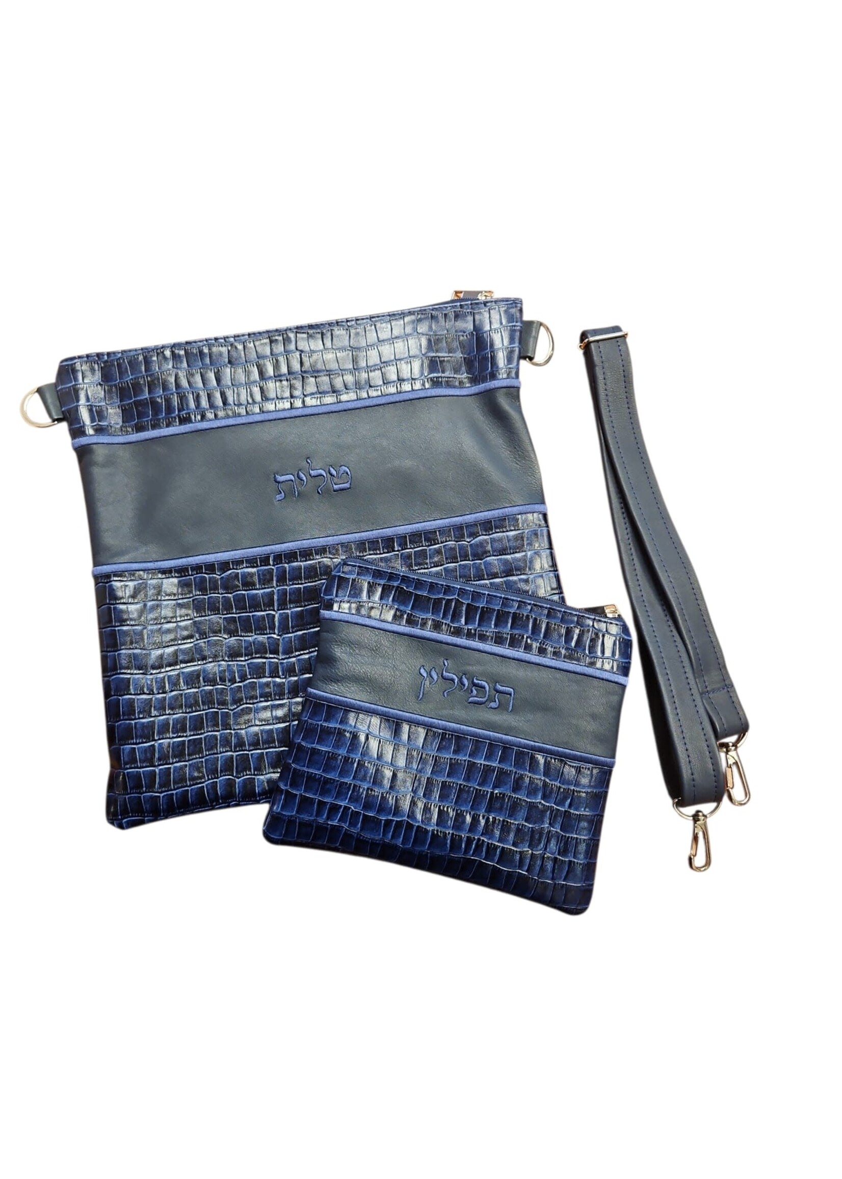 TALLIS & TEFILLIN PREMIUM LEATHER BAG SET BLUE CROCODILE WITH STRAP