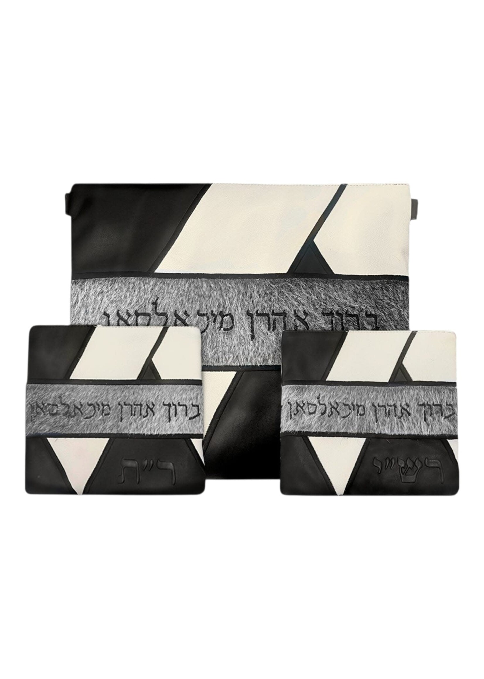 PREMIUM LEATHER & FUR TALLIS & TWO TEFILLIN BAG SET