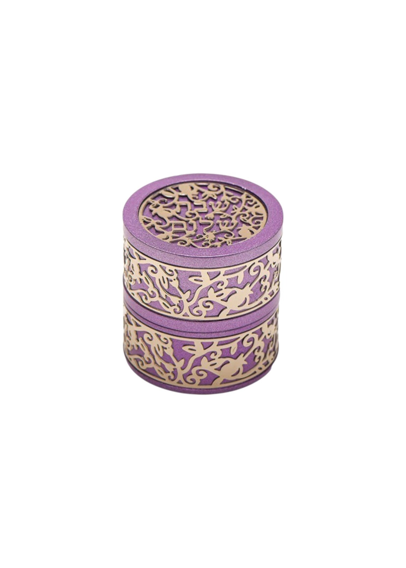 TRAVEL CANDLE HOLDER PURPLE ALUMINUM WITH POMEGRANATE FILIGREE