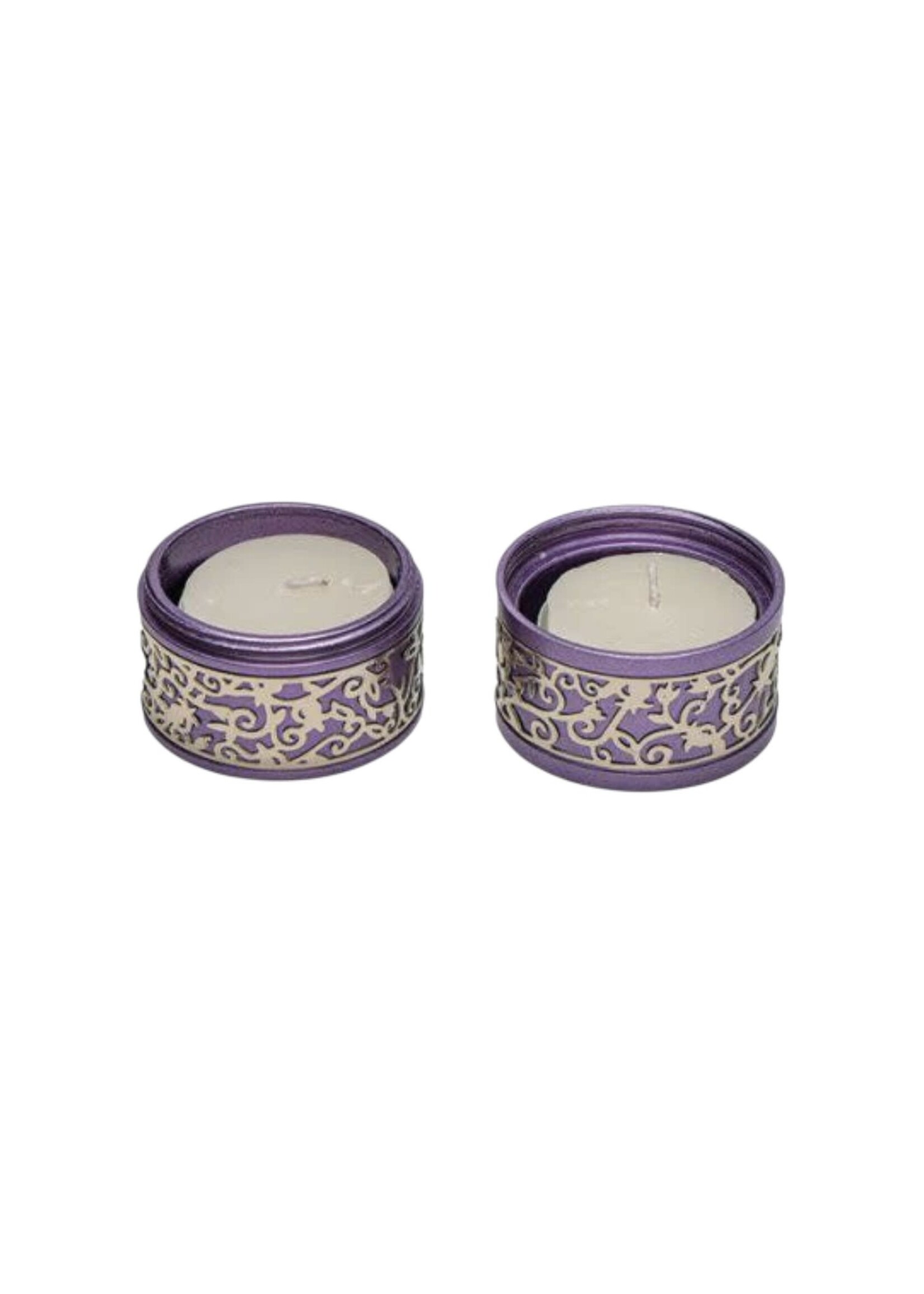 TRAVEL CANDLE HOLDER PURPLE ALUMINUM WITH POMEGRANATE FILIGREE