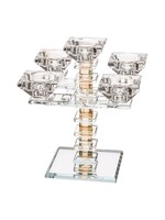CANDELABRA CRYSTAL 5 BRANCH GOLD STEM & GEOMETRIC SQUARE DESIGN