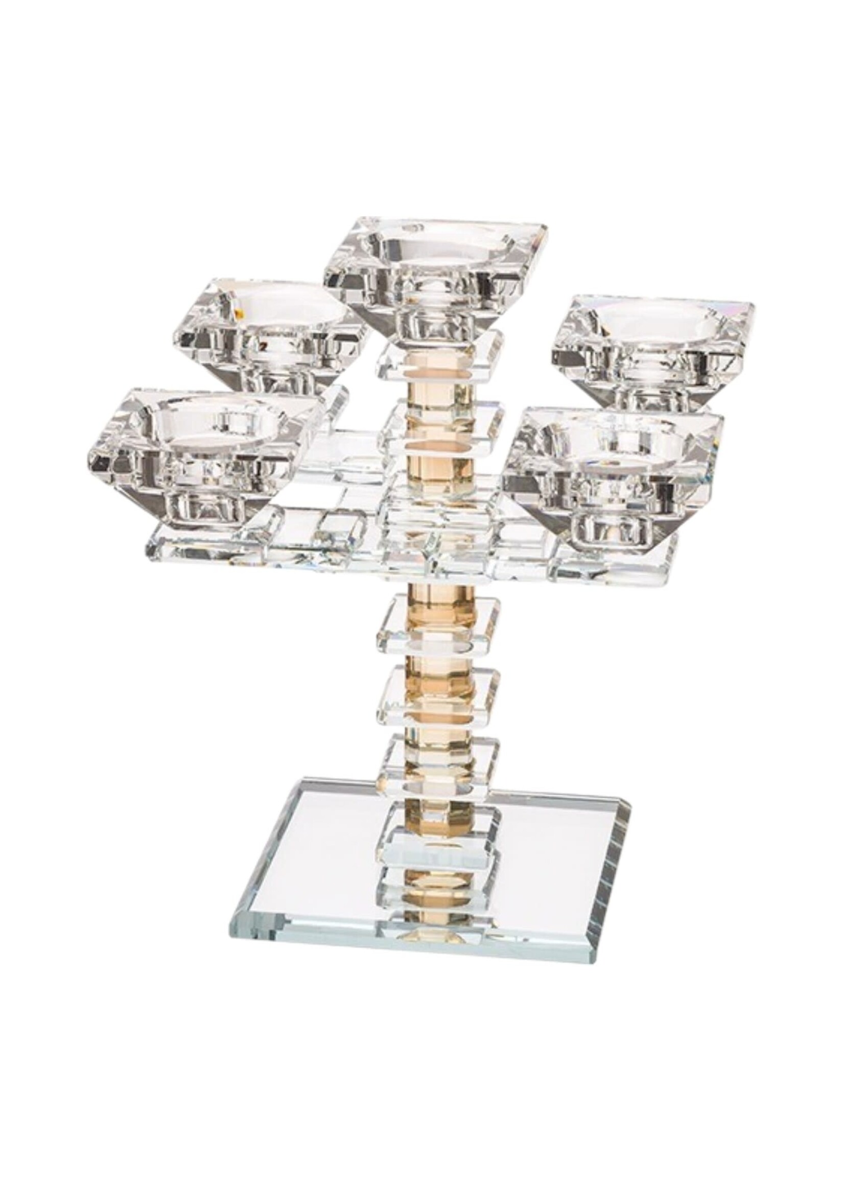 CANDELABRA CRYSTAL 5 BRANCH GOLD STEM & GEOMETRIC SQUARE DESIGN
