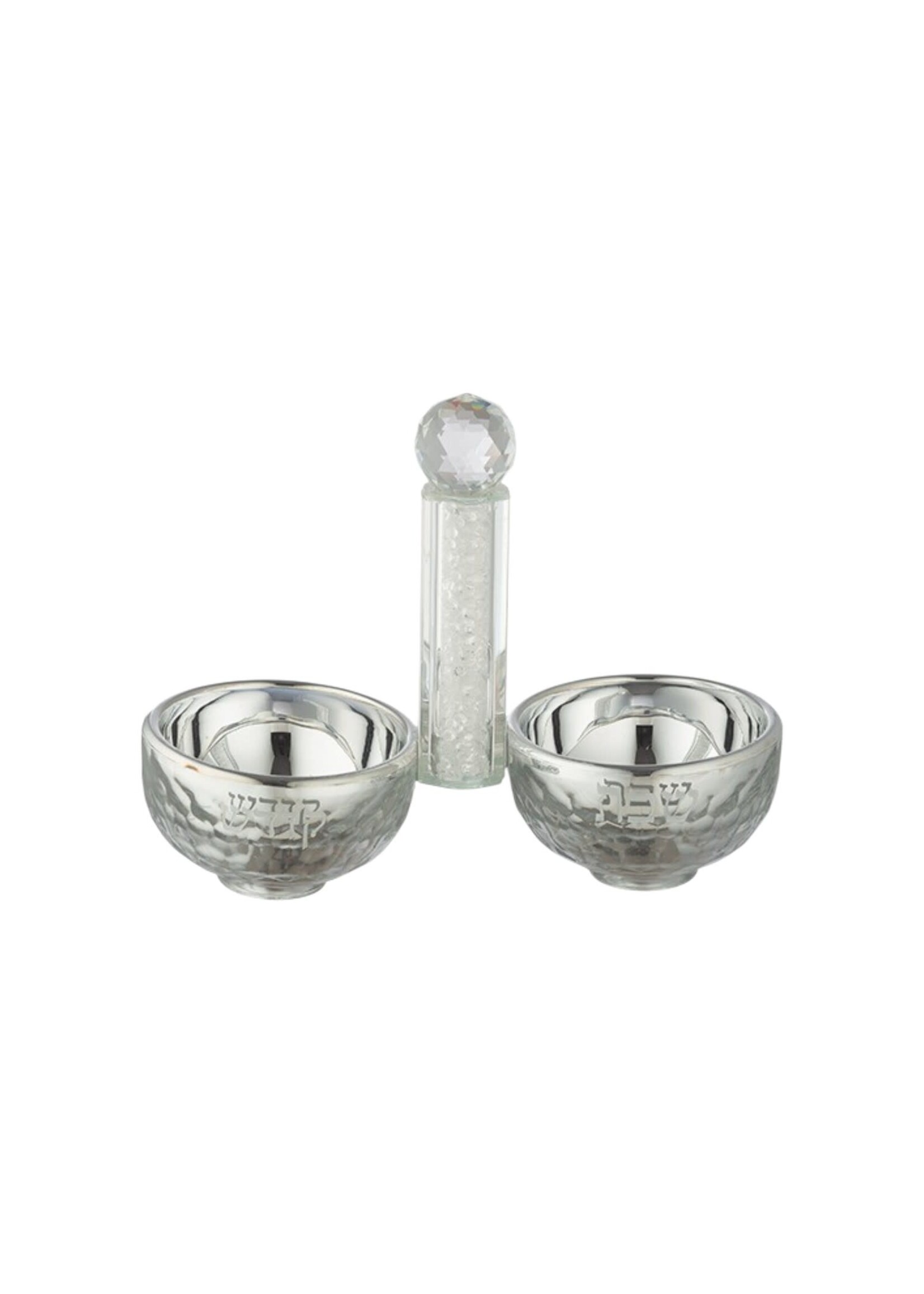 SALT & PEPPER DISH CRYSTAL SILVER CHIPS STEM GOLD "SHABBAT KODESH"