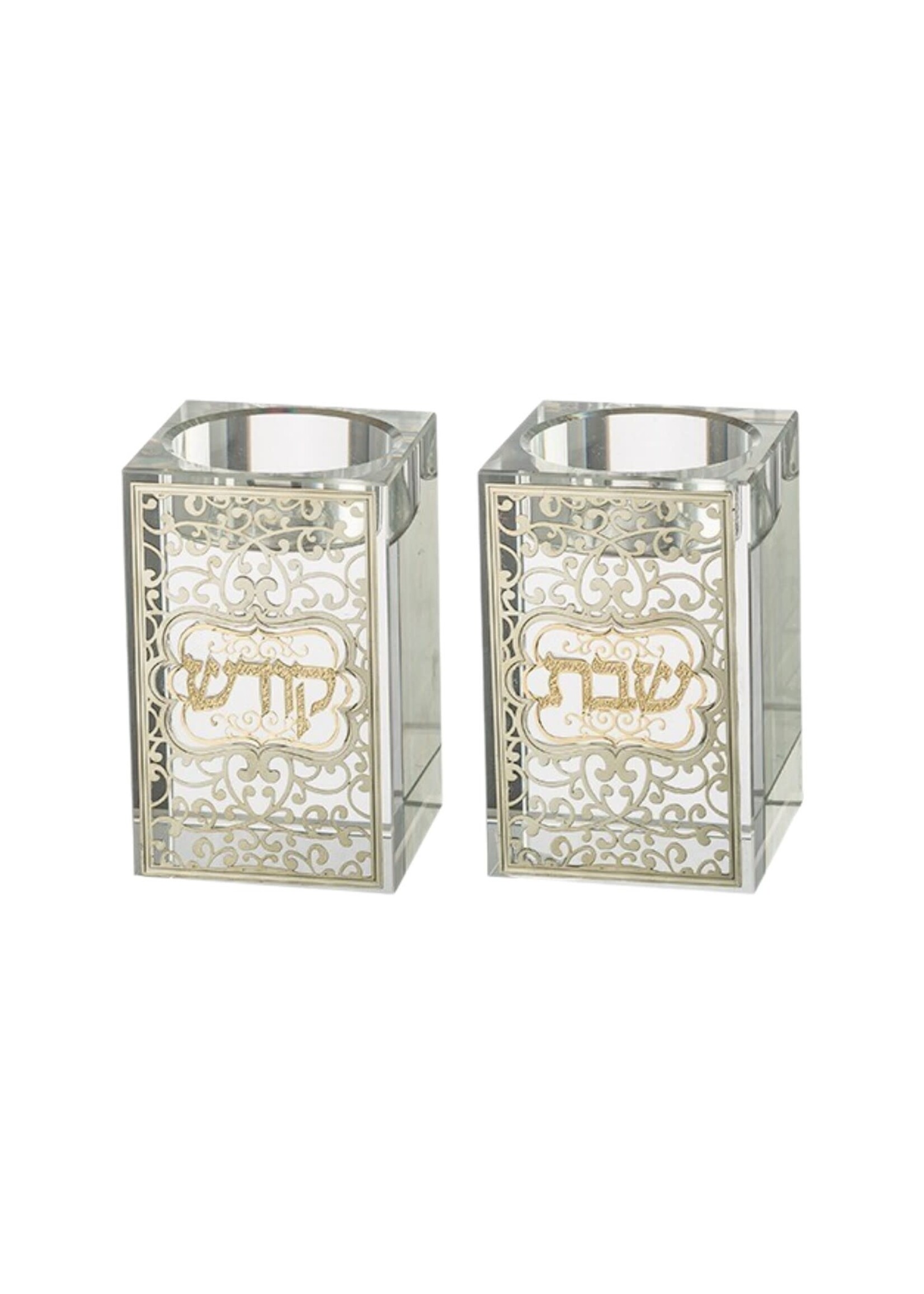 CANDLESTICKS CRYSTAL BLOCK SILVER LASER CUT FILIGREE "SHABBAT KODESH"