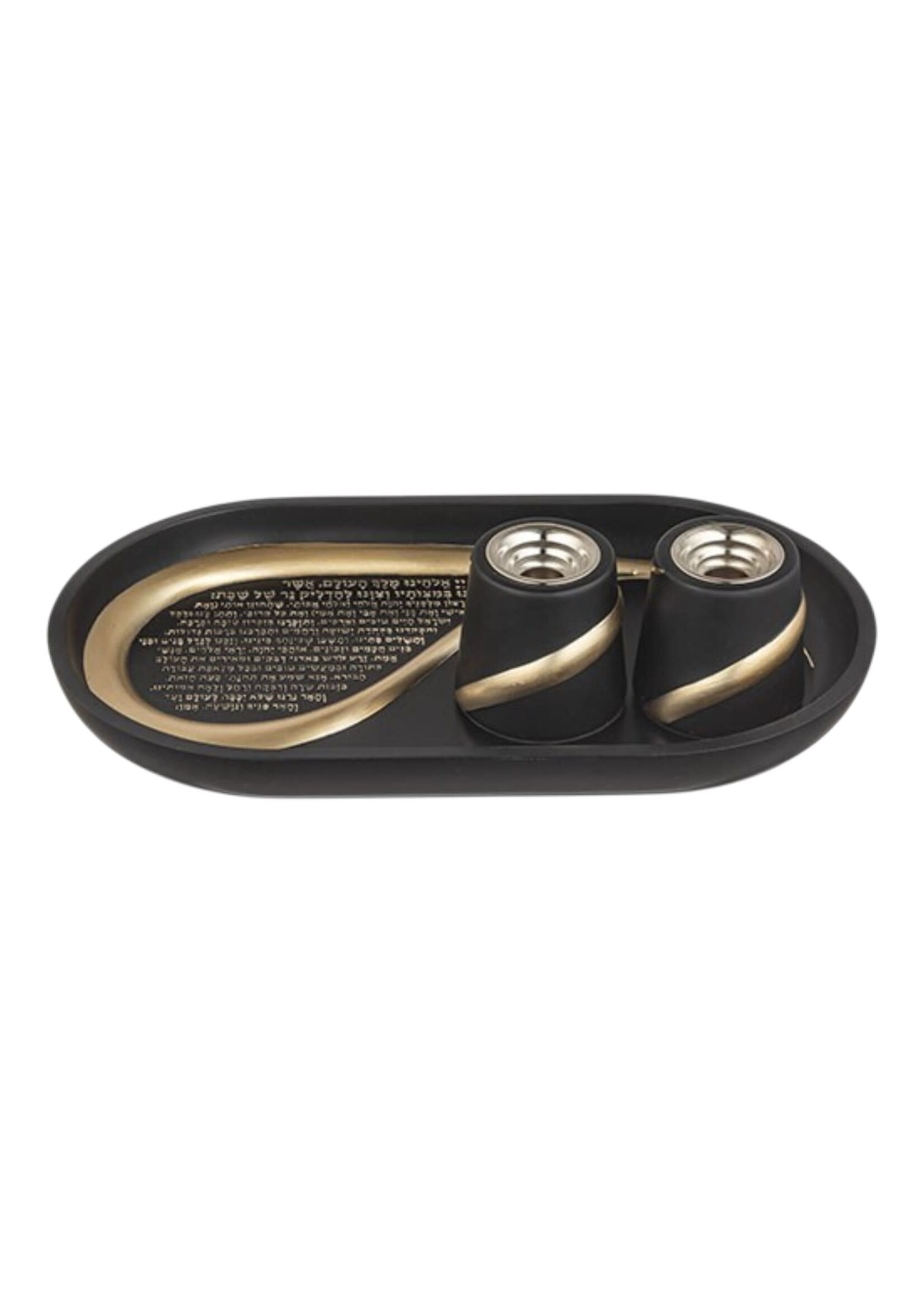 CANDLESTICKS BLACK &  GOLD POLYMER WITH BLESSING ON TRAY