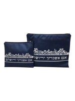 TALLIS & TEFILLIN SET SILVER JERUSALEM EMBOSSED NAVY FAUX LEATHER