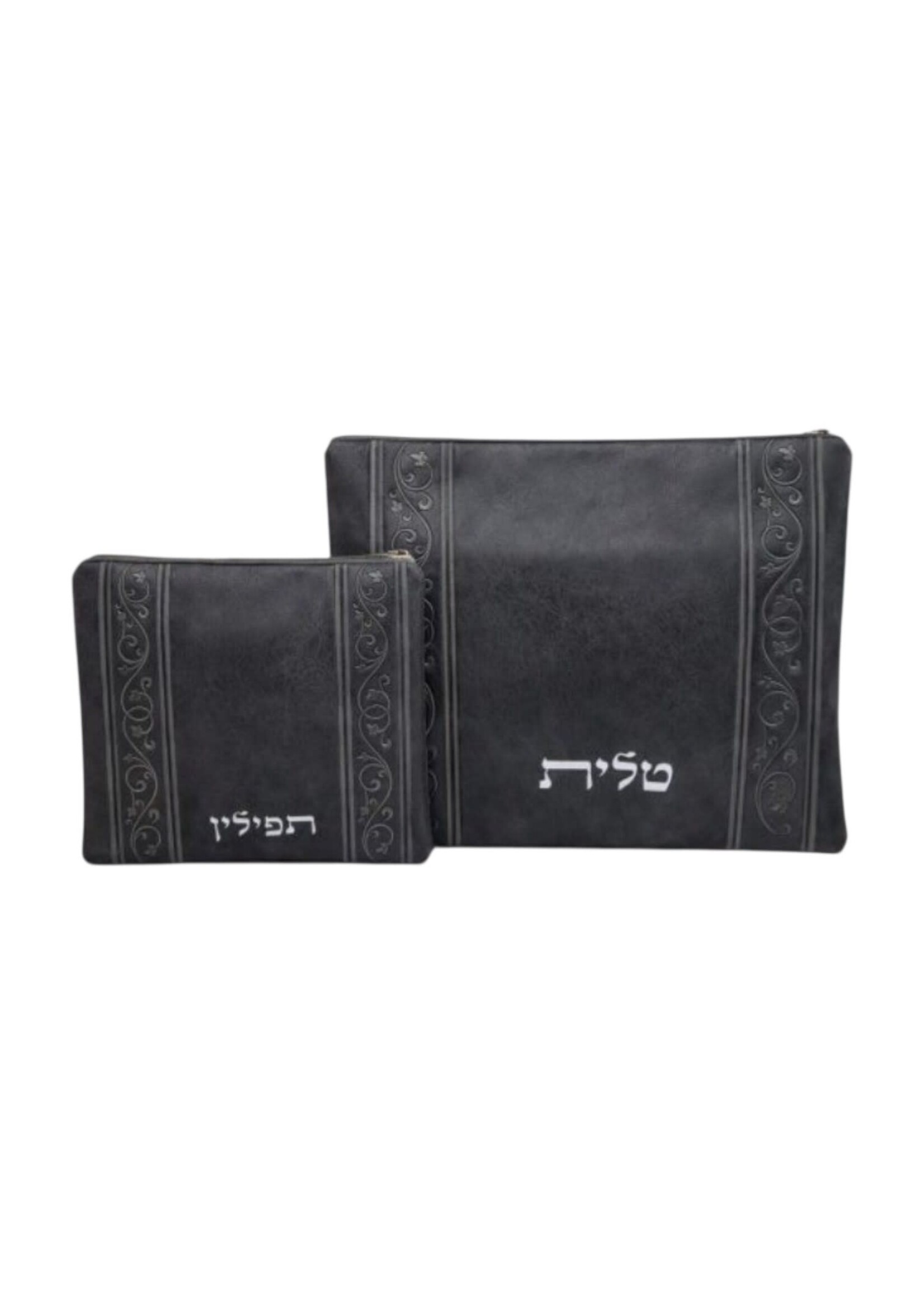 TALLIS & TEFILLIN BAG SET GREY FAUX LEATHER WITH VINES EMBROIDERY