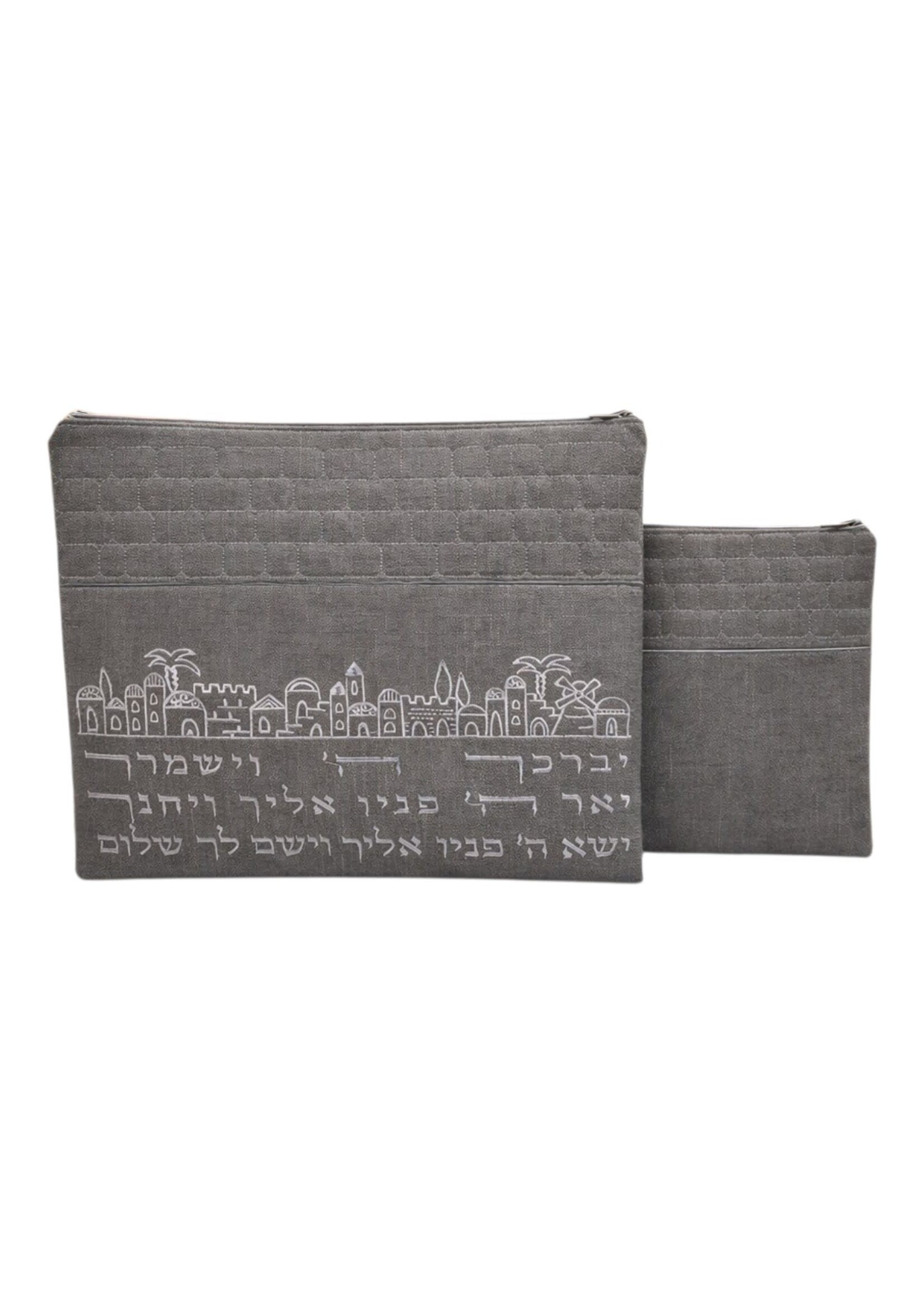 TALLIS & TEFILLIN SET GREY LINEN SILVER JERUSAELM &  KOHEN BLESSING EMBROIDERY