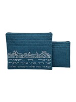TALLIS & TEFILLIN SET TEAL LINEN SILVER JERUSAELM &  KOHEN BLESSING EMBROIDERY