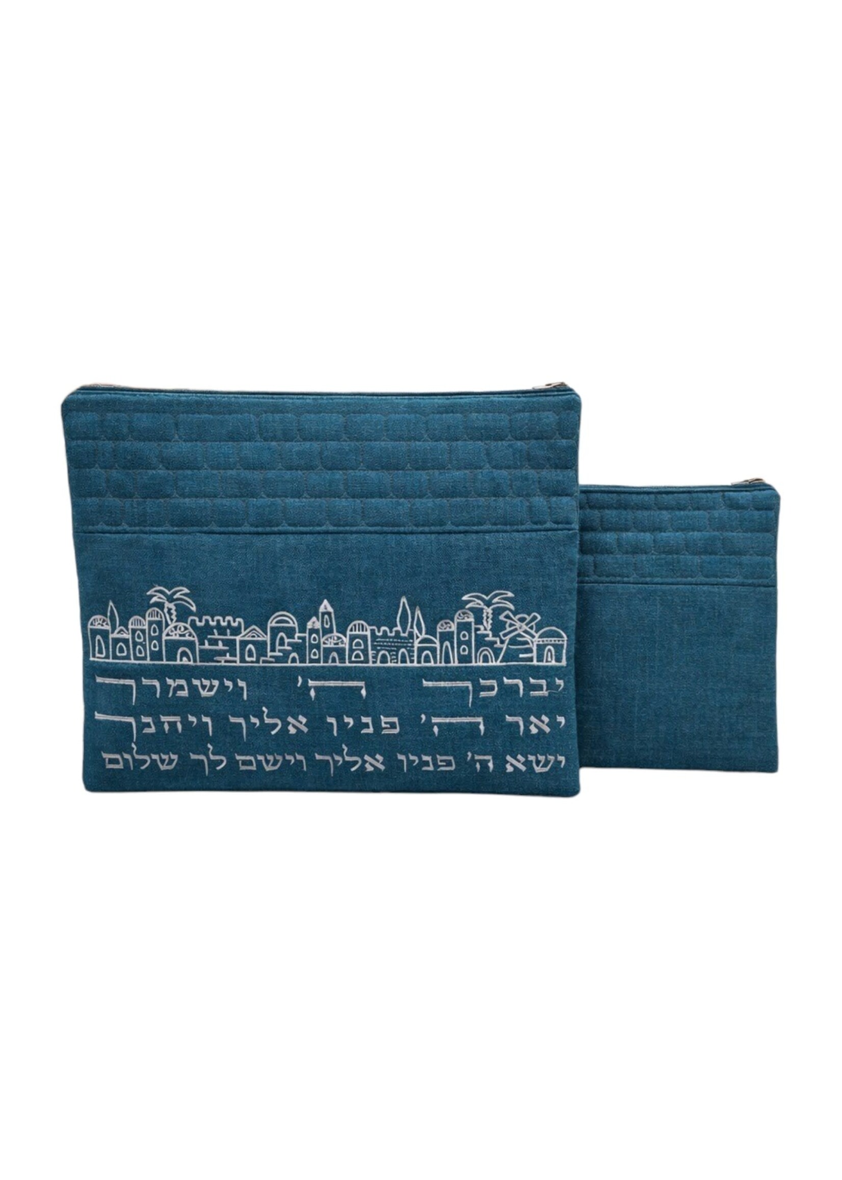 TALLIS & TEFILLIN SET TEAL LINEN SILVER JERUSAELM &  KOHEN BLESSING EMBROIDERY