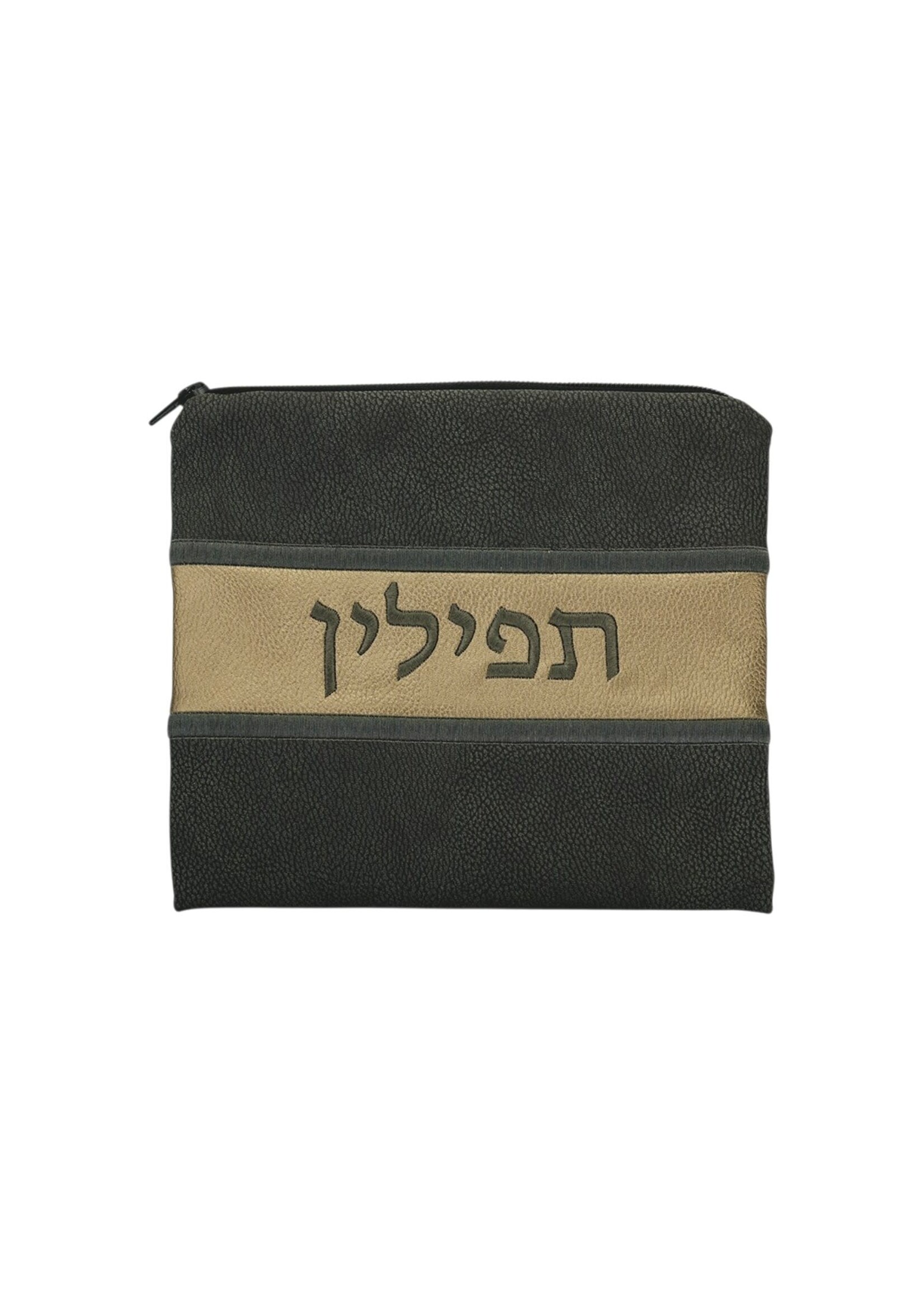 TEFILLIN BAG DARK GREY & TAUPE FAUX LEATHER 8 x 9"