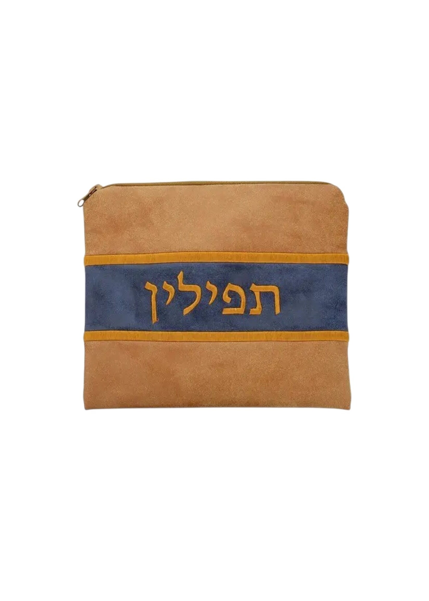 TEFILLIN BAG CAMEL & BLUE FAUX LEATHER 8 x 9"