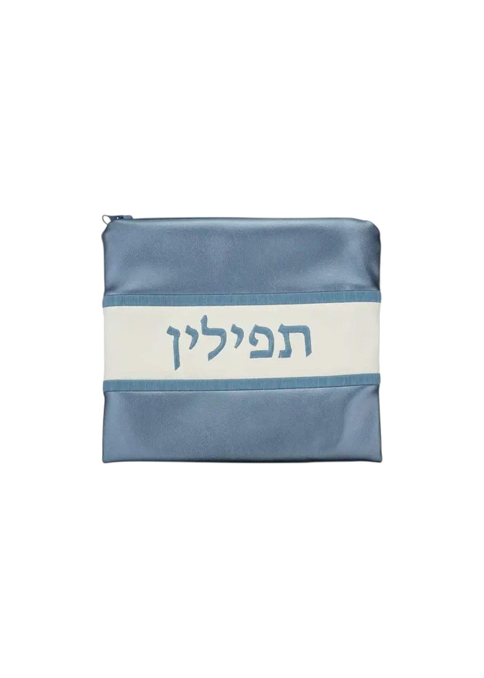 TEFILLIN BAG LIGHT BLUE & WHITE  FAUX LEATHER 8 x 9"