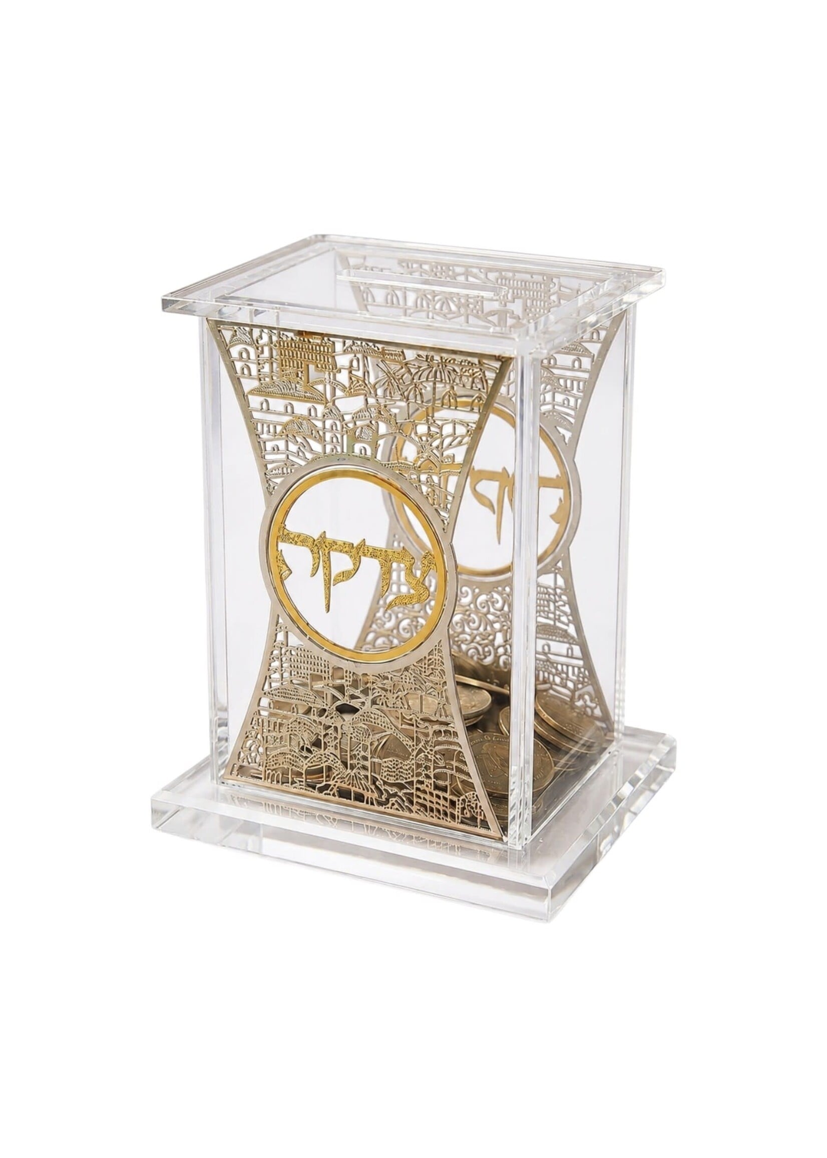 CHARITY  BOX CRYSTAL GOLD LASER CUT JERUSALEM CITY "TZEDAKAH"