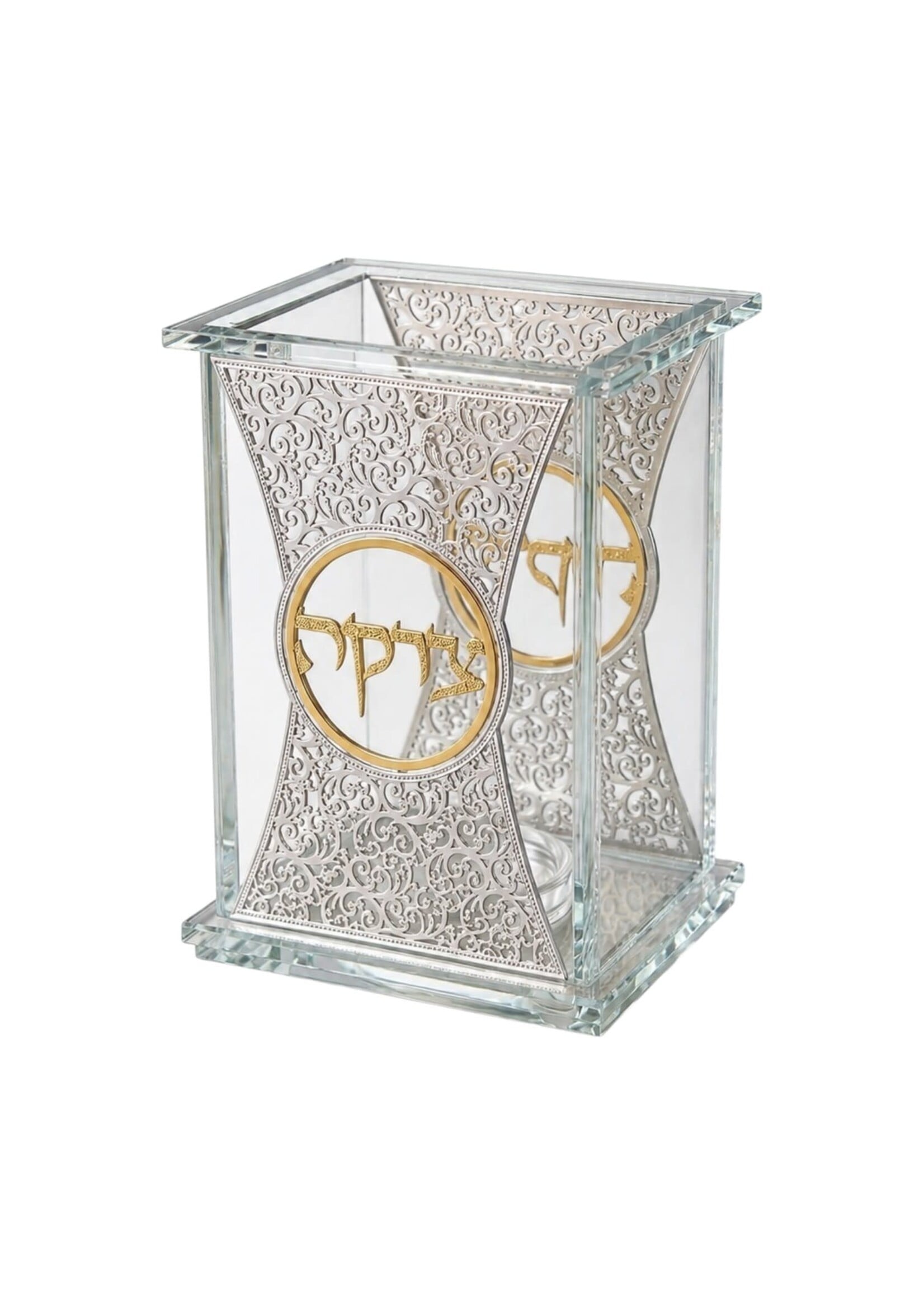 CHARITY  BOX CRYSTAL SILVER LASER CUT FILIGREE GOLD "TZEDAKAH"