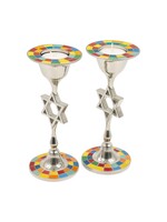 CANDLESTICKS MAGEN DAVID WITH MULTICOLOR STONES MOSAIC