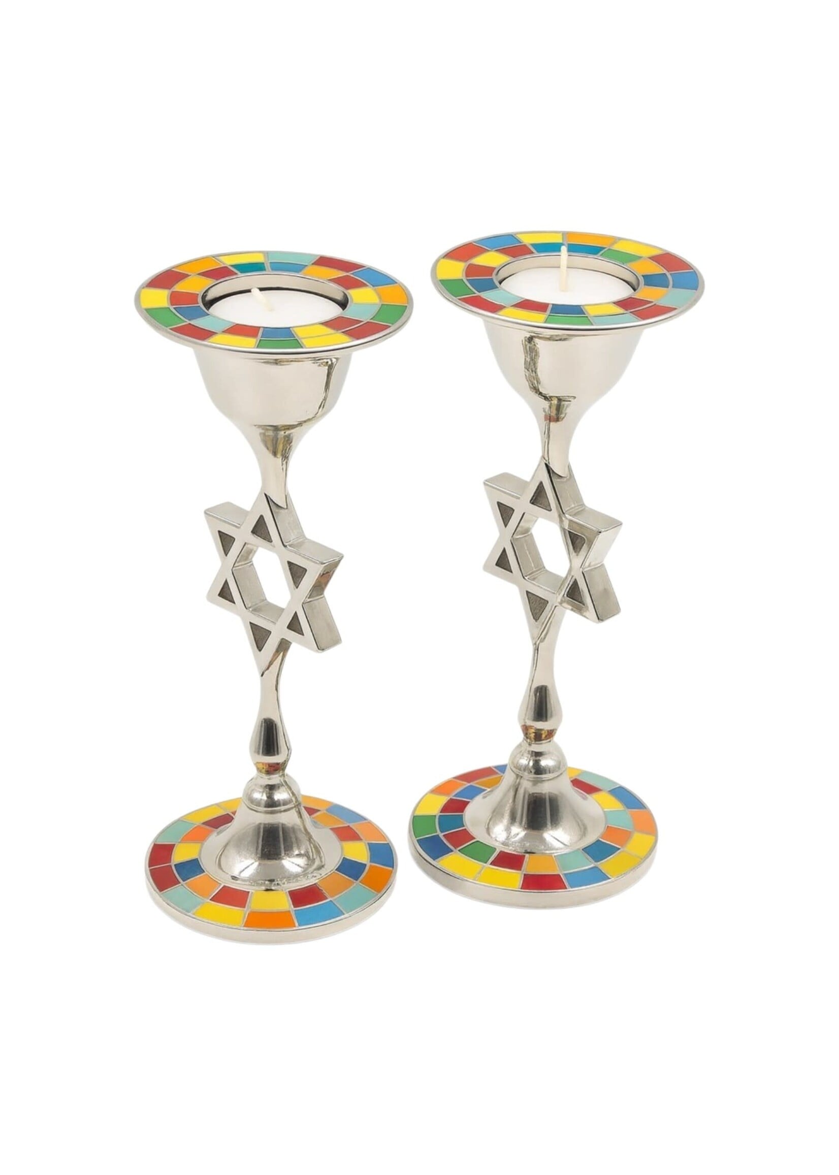 CANDLESTICKS MAGEN DAVID WITH MULTICOLOR STONES MOSAIC