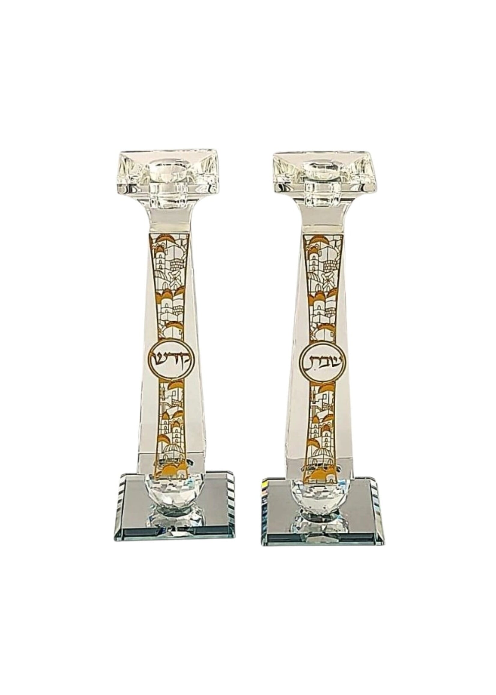 CANDLESTICKS CRYSTAL GOLD LASER CUT JERUSALEM PLAQUE