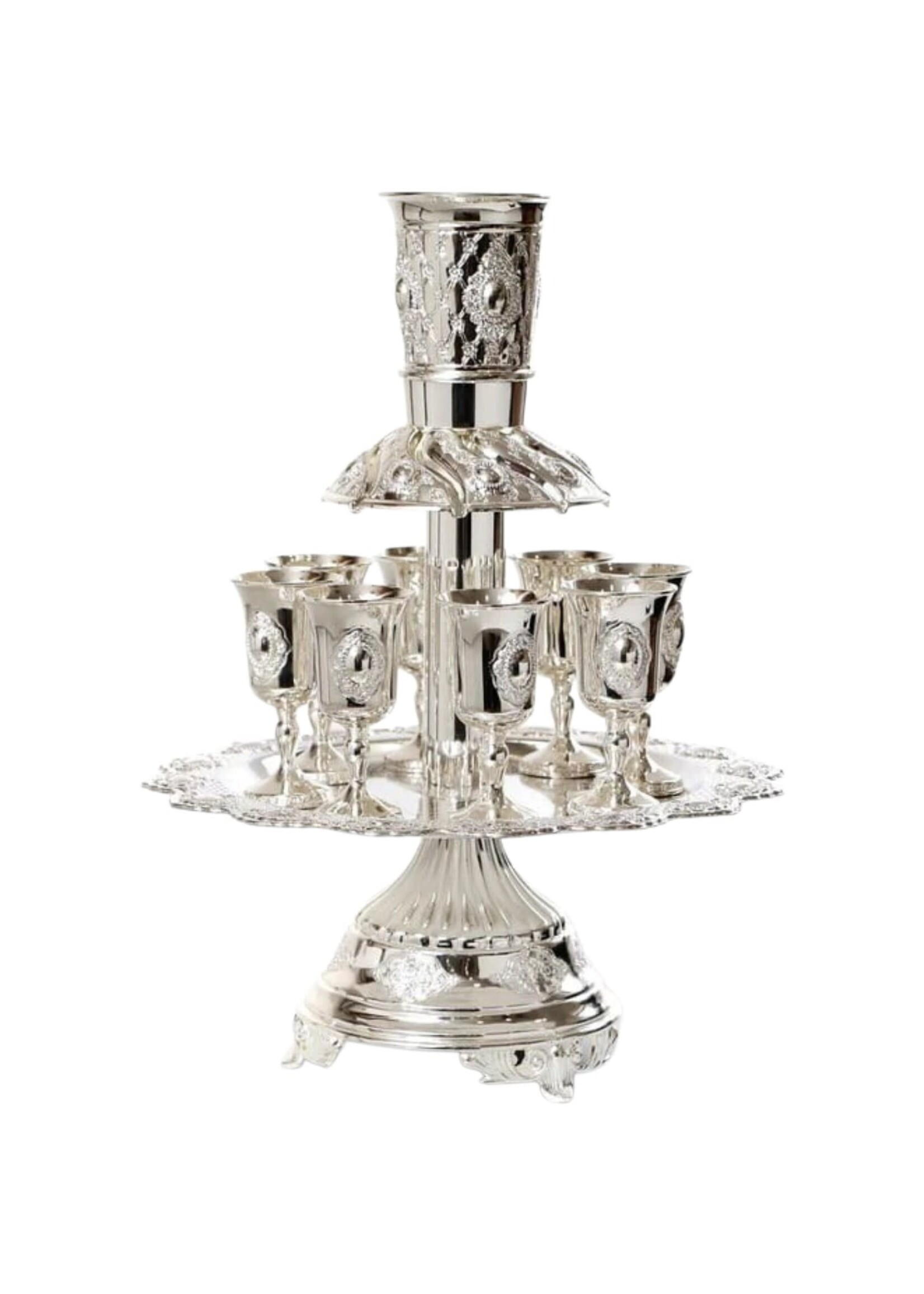 KIDDUSH FOUNTAIN OVAL MEDALLION MOTIF SILVER PLATE 8 CUP
