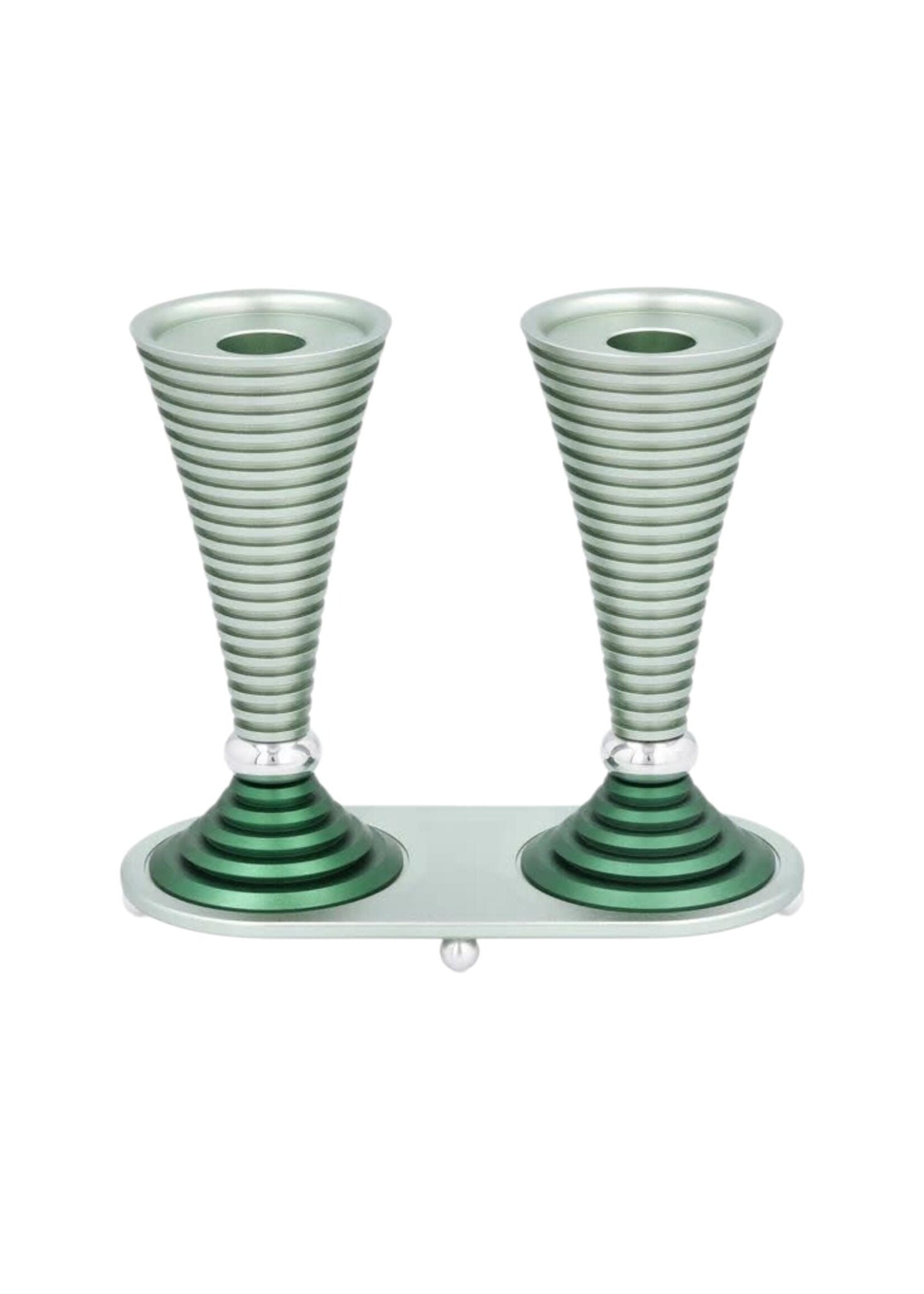 CANDLESTICKS WITH TRAY GREEN ROUND GROOVED