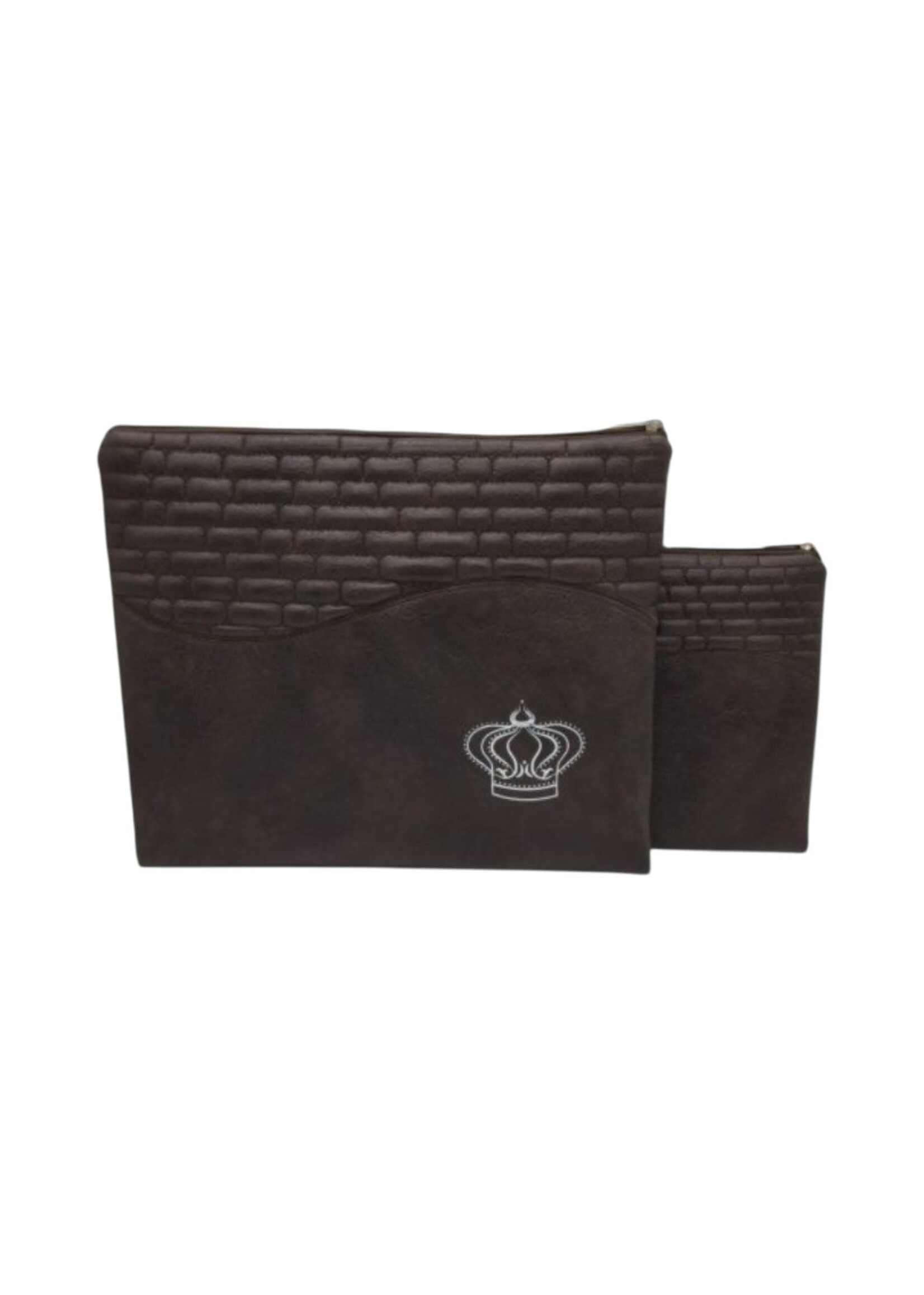TALLIS & TEFILLIN BAG SET BROWN FAUX LEATHER STONE PATTERN  WITH CROWN