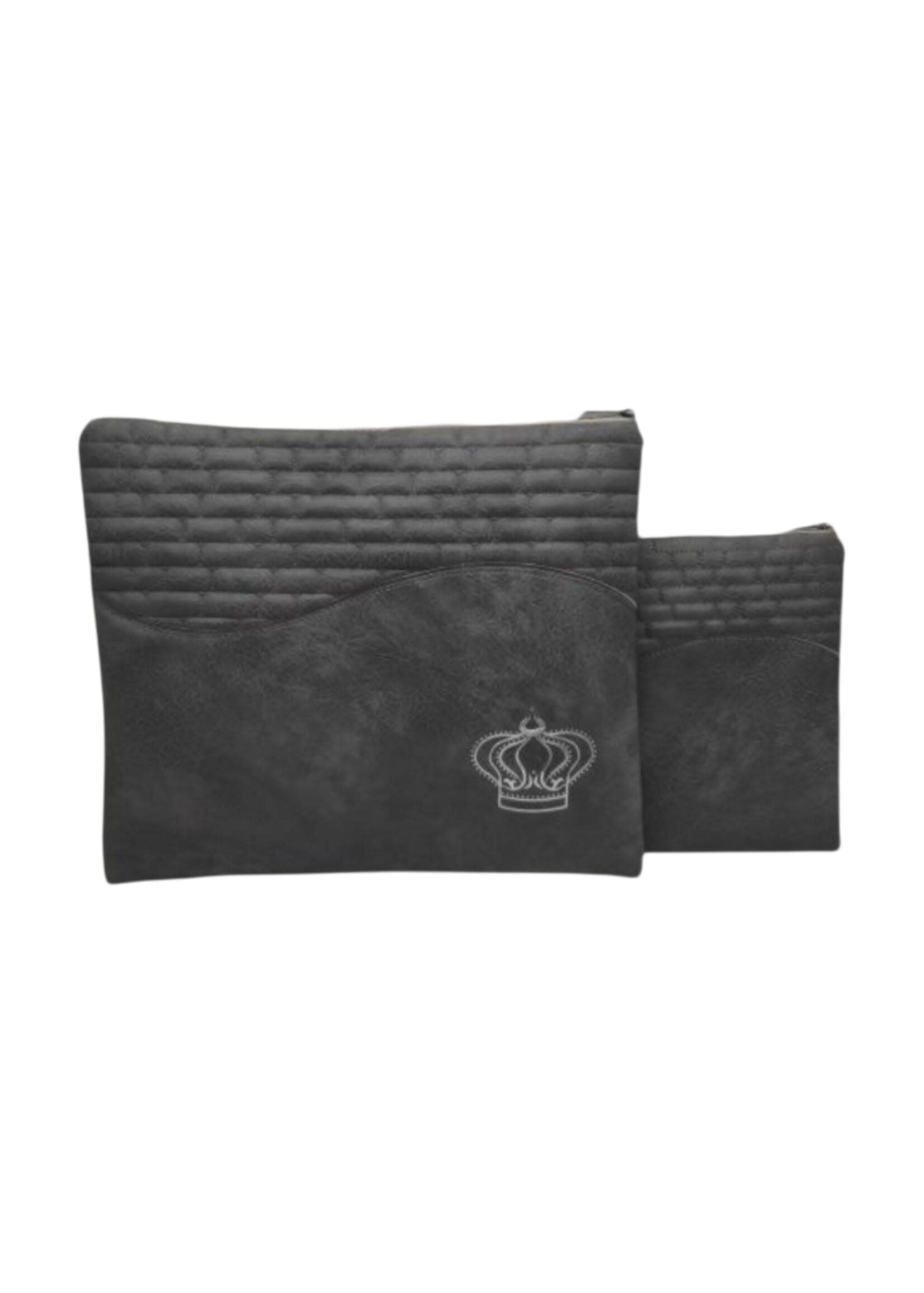 TALLIS & TEFILLIN BAG SET GREY FAUX LEATHER STONE PATTERN  WITH CROWN