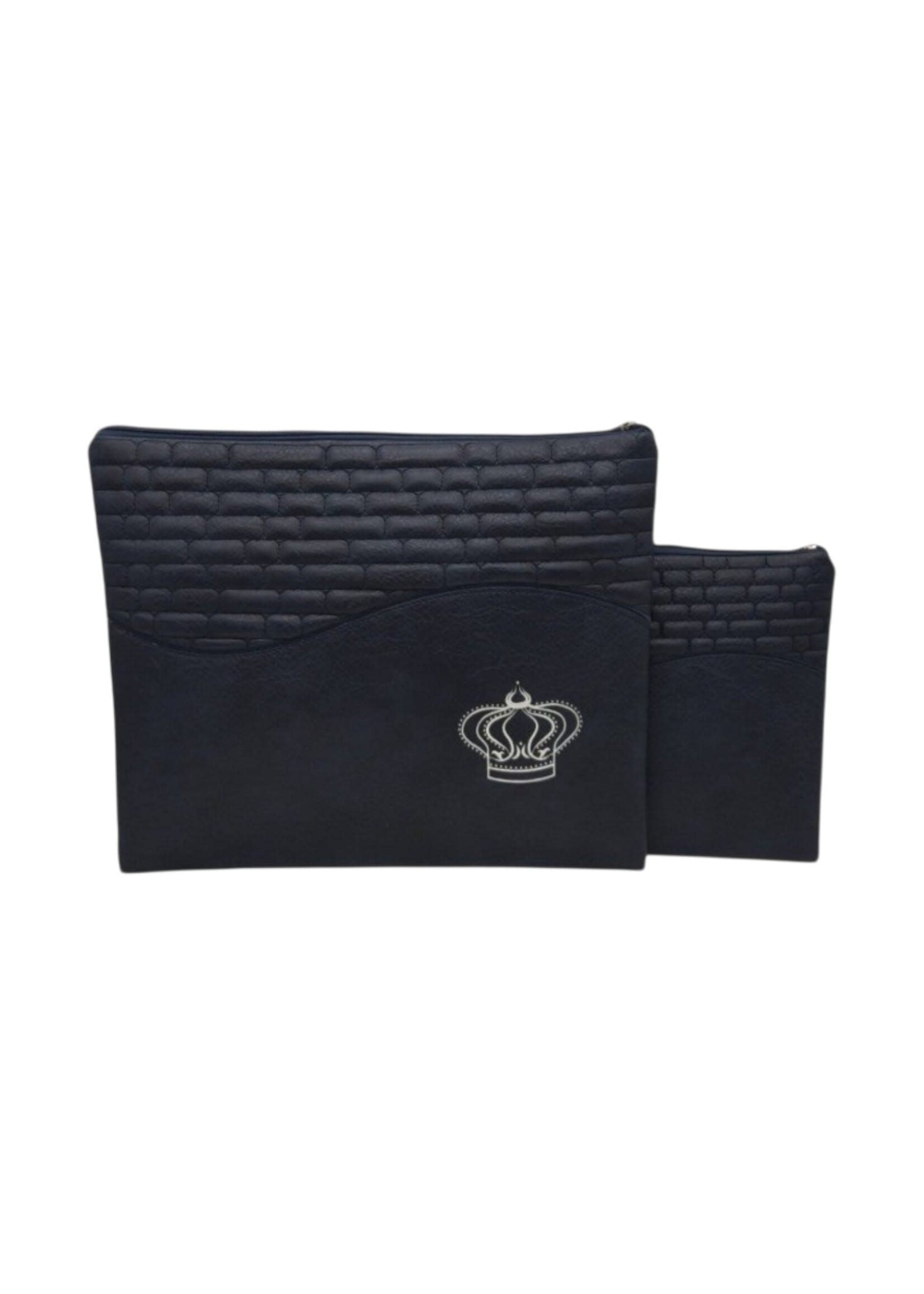 TALLIS & TEFILLIN BAG SET NAVY FAUX LEATHER STONE PATTERN  WITH CROWN