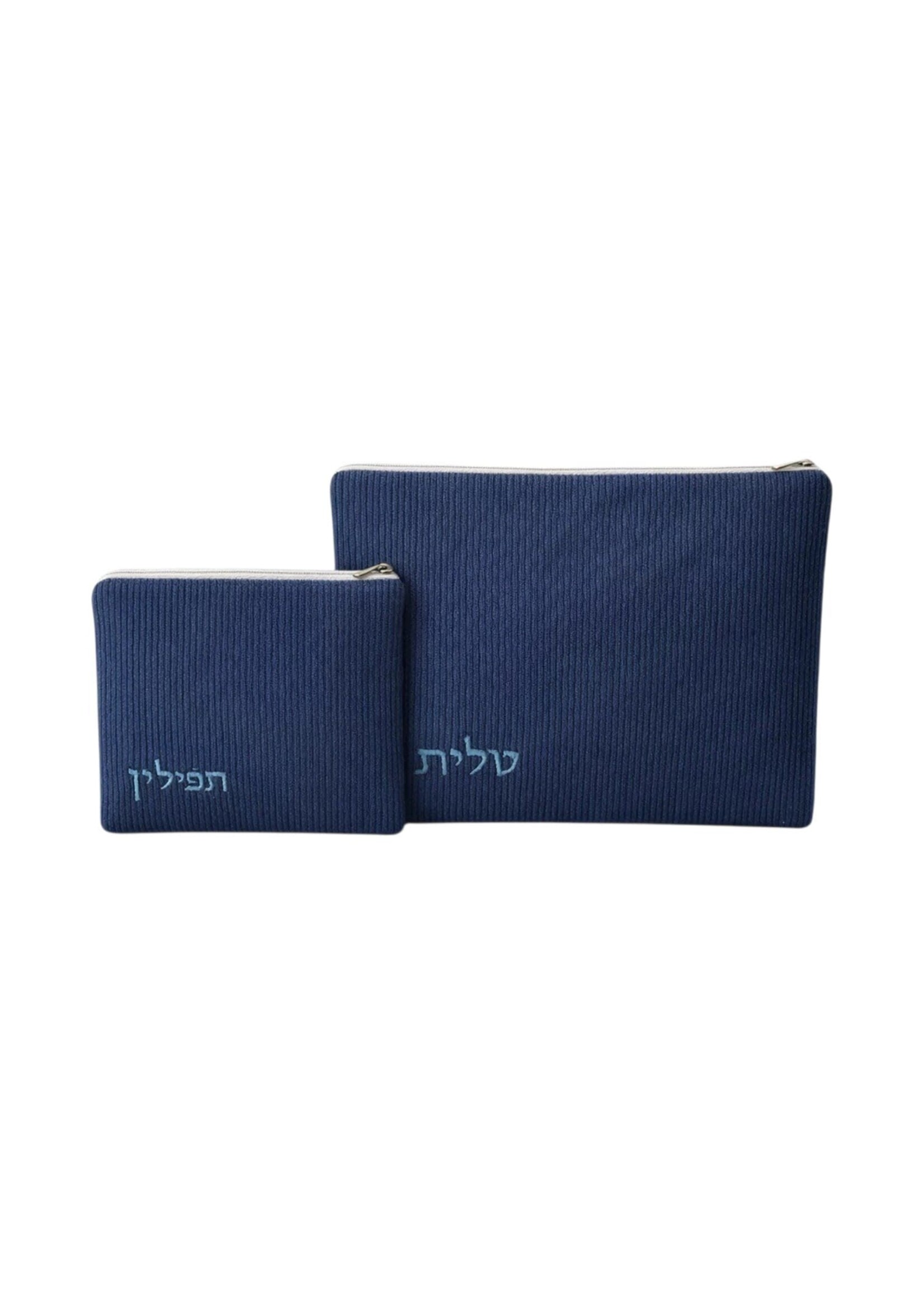 TALLIS & TEFILLIN BAG SET BLUE CORDUROY LIGHT BLUE EMBROIDERY