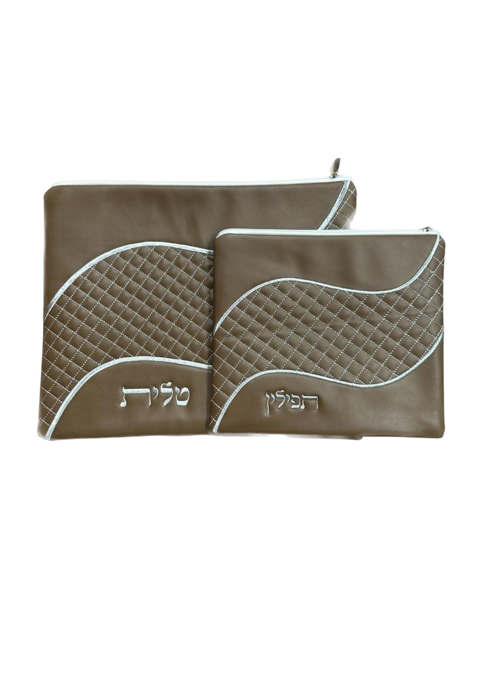 TALLIS & TEFILLIN BAG SET CARAMEL SILVER EMBRIODERY FAUX LEATHER