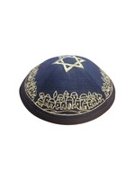 KIPPAH NAVY LINEN SILVER STAR & JERUSALEM CITY EMBROIDERY