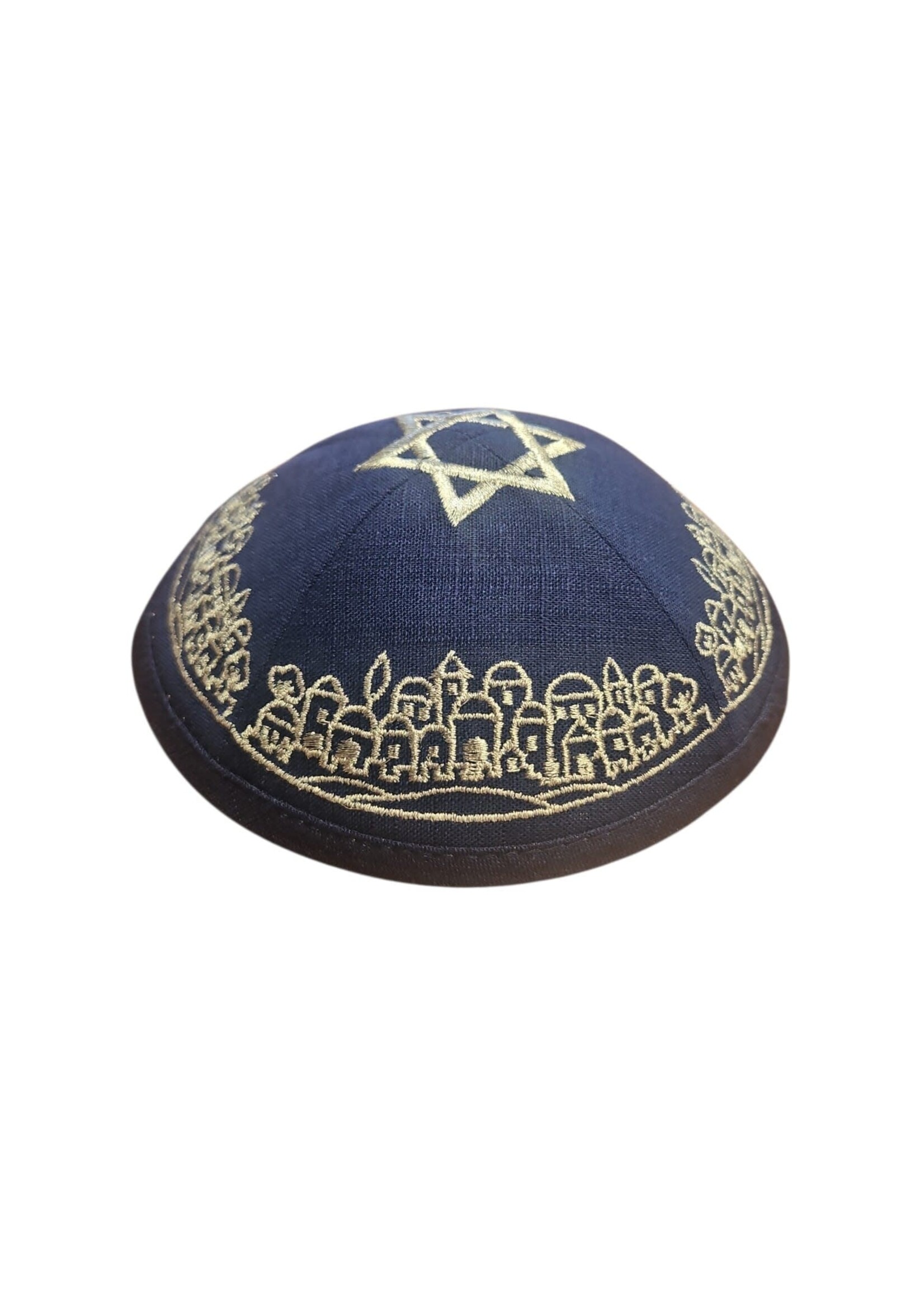 KIPPAH NAVY LINEN SILVER STAR & JERUSALEM CITY EMBROIDERY